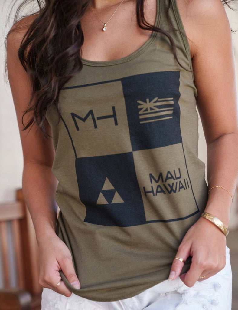 MAU WOMEN'S OLIVE BLOCK LOGOS TOP Shirts Mau Hawaii 
