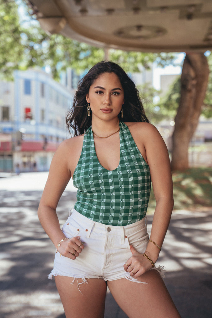 PALAKA WOMEN'S GREEN TIE HALTER BODYSUIT Shirts Hawaii's Finest X-SMALL 