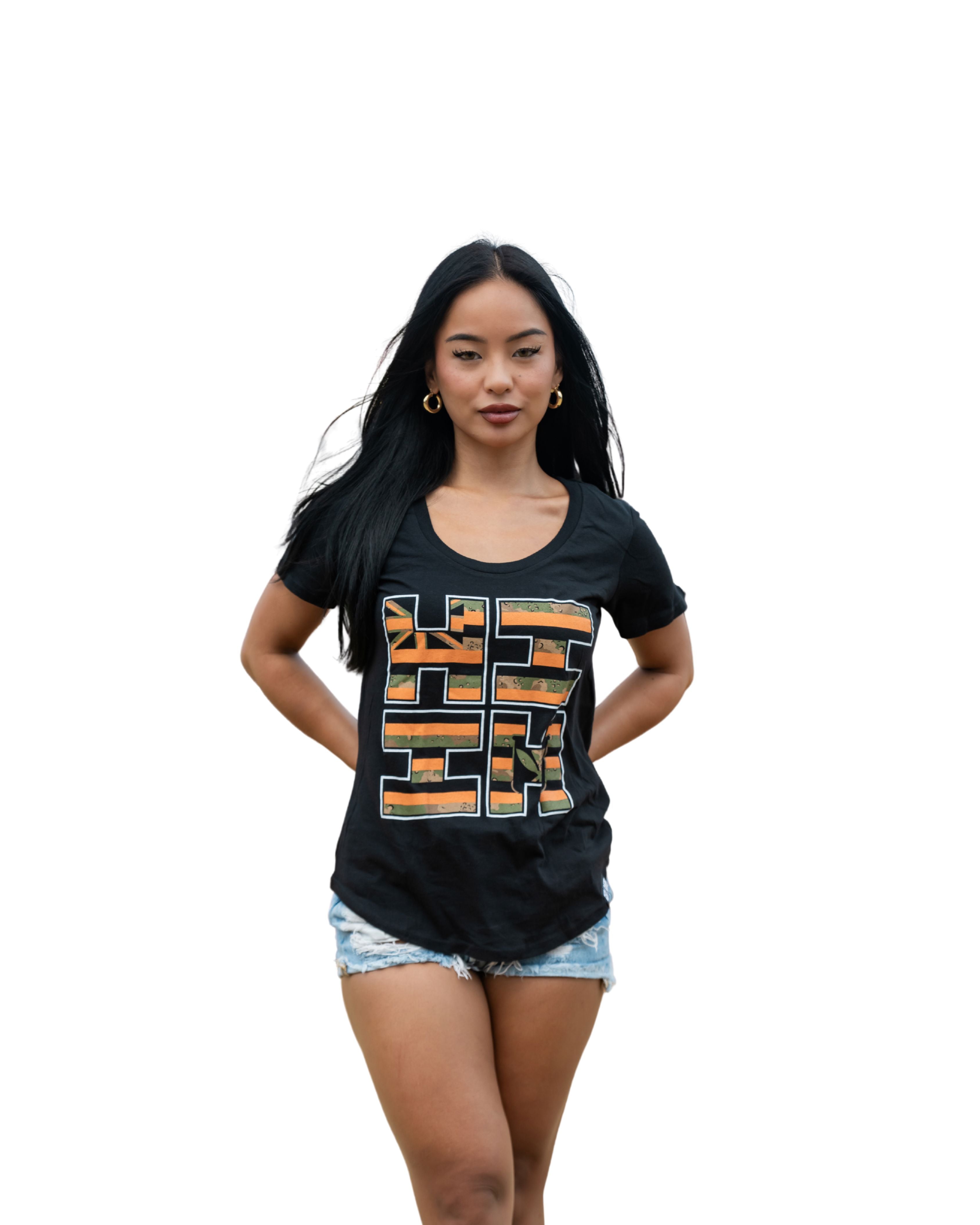 WOMEN'S FLAG CAMO LOGO ORANGE TOP Shirts Hawaii's Finest SMALL