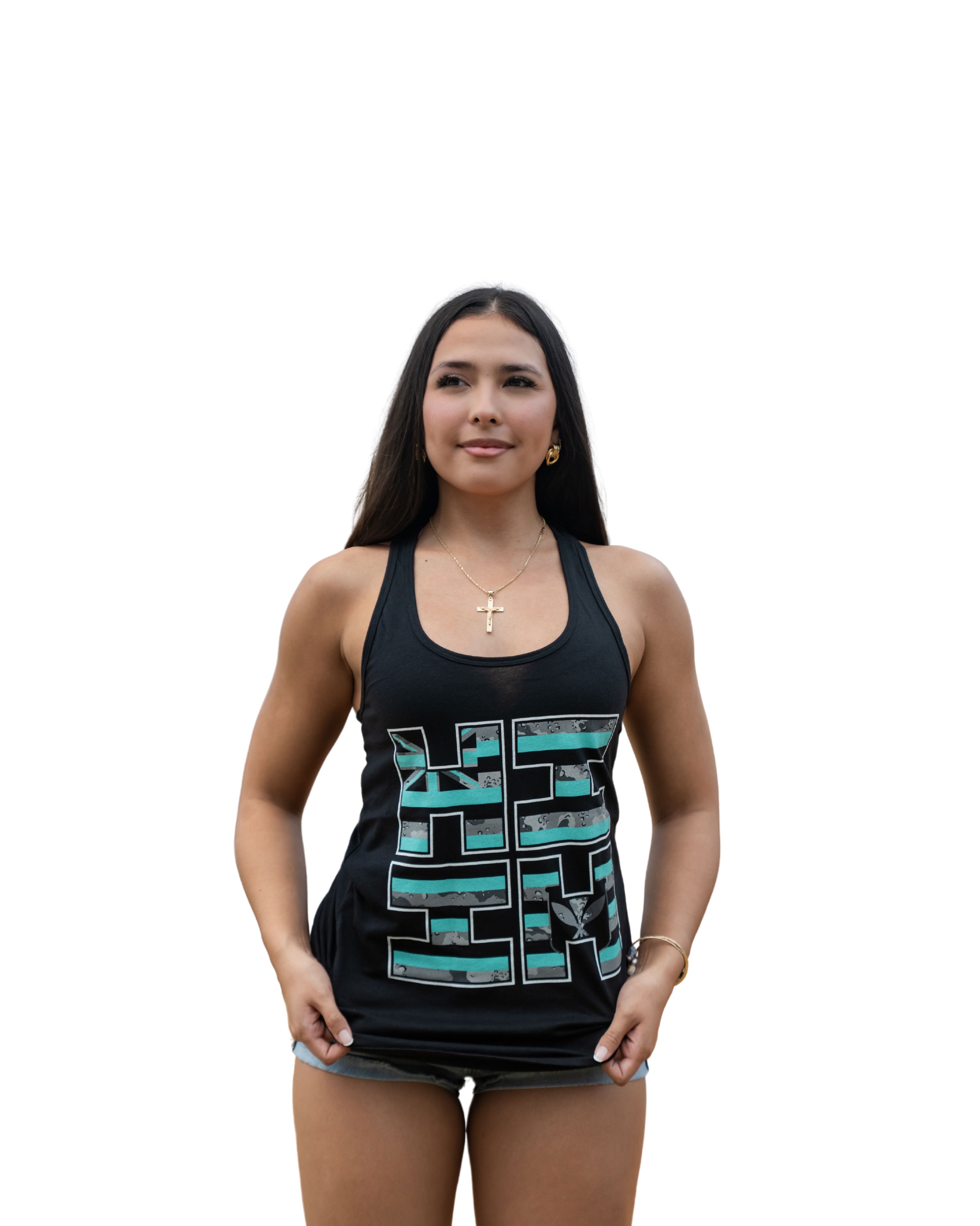 WOMEN'S FLAG CAMO LOGO TEAL TOP Shirts Hawaii's Finest SMALL