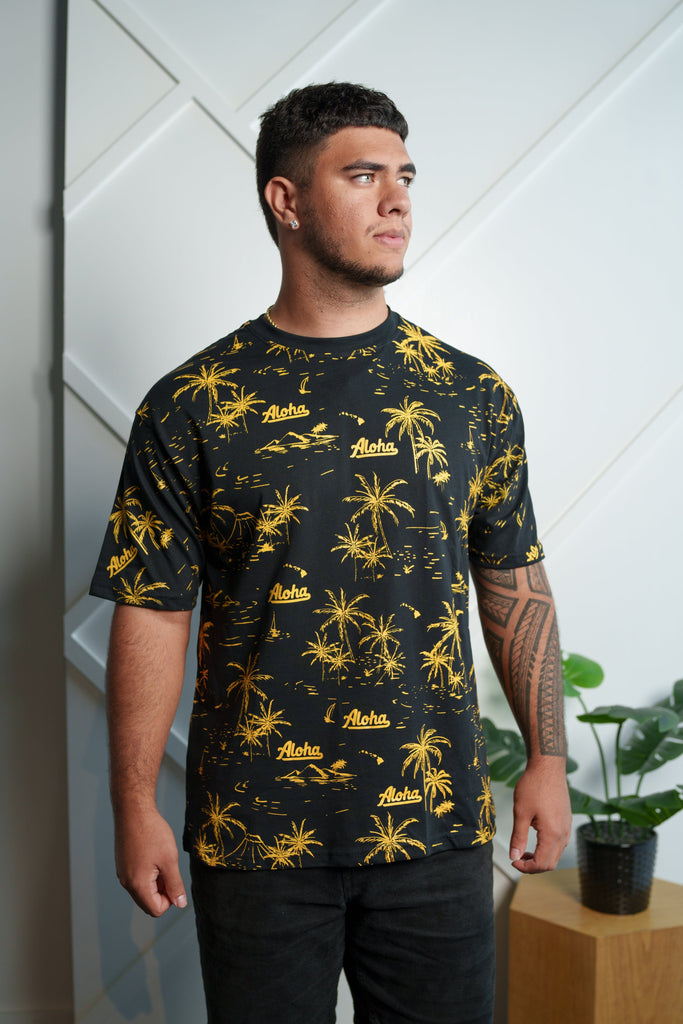 ALOHA BLACK & YELLOW PALM TREES T-SHIRT Shirts Aloha Shirt Co. SMALL 