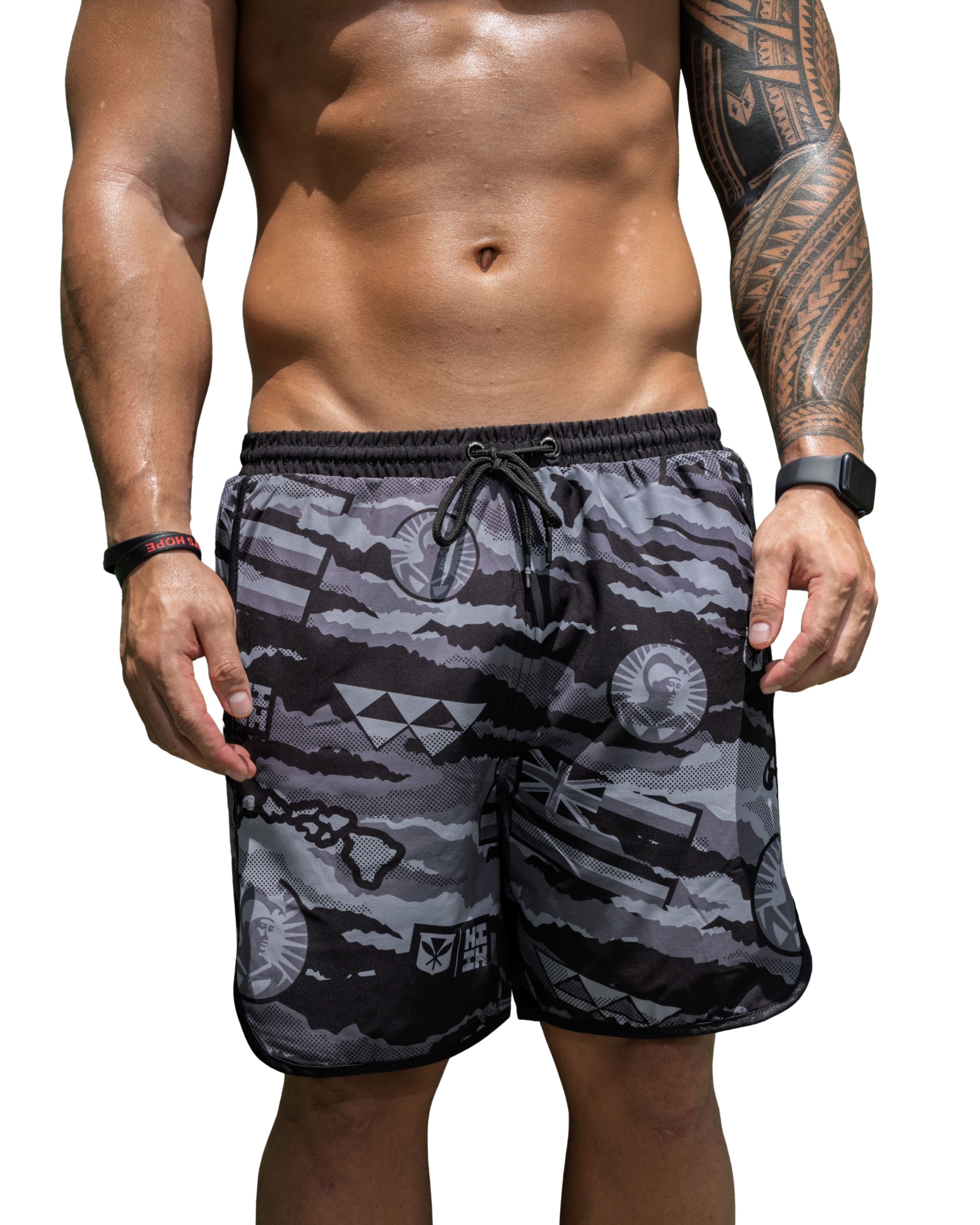 ALOHA FESTIVALS GRAY PERFORMANCE SHORTS Shorts Hawaii's Finest SMALL 