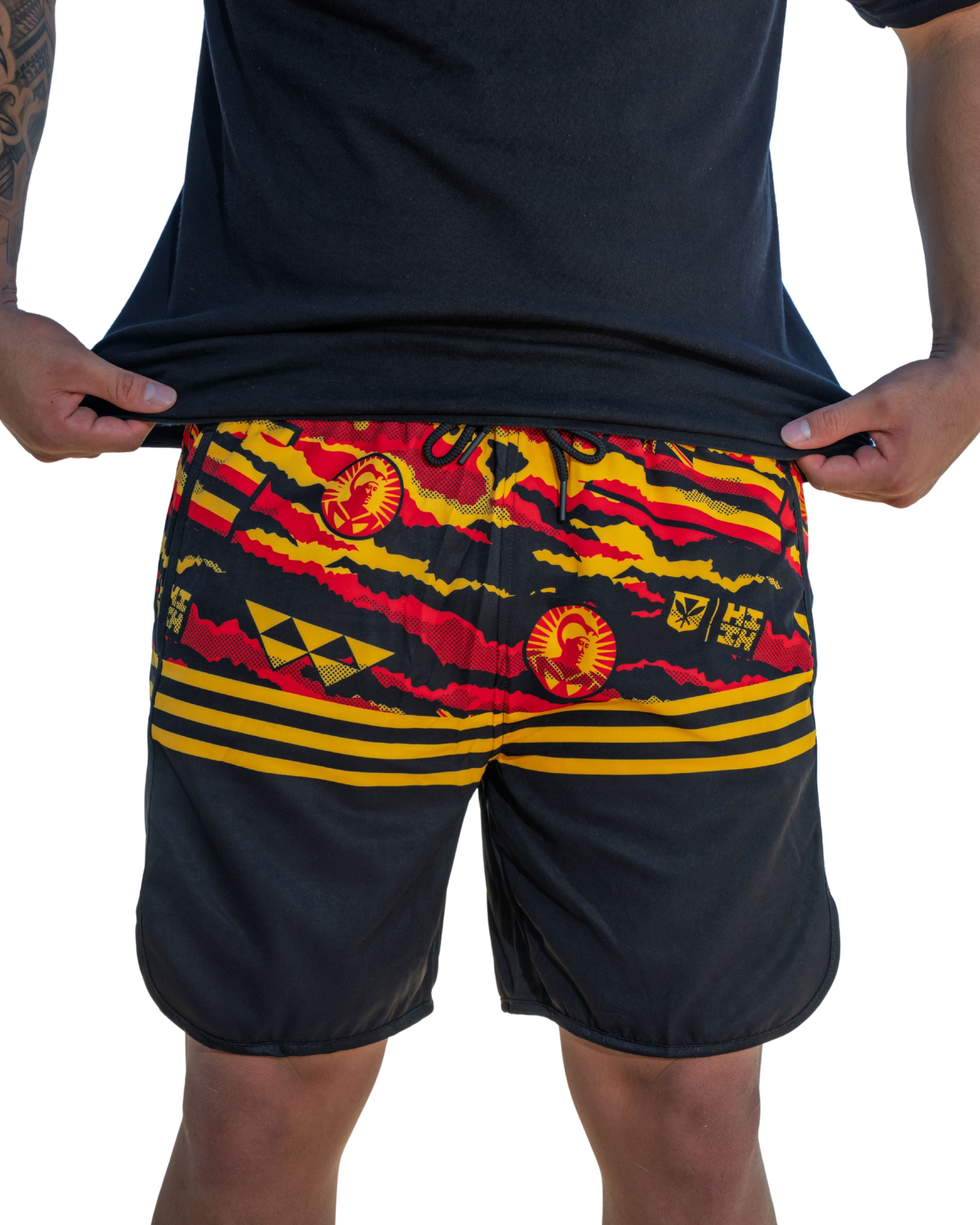 ALOHA FESTIVALS RED & YELLOW PERFORMANCE SHORTS Shorts Hawaii's Finest SMALL 
