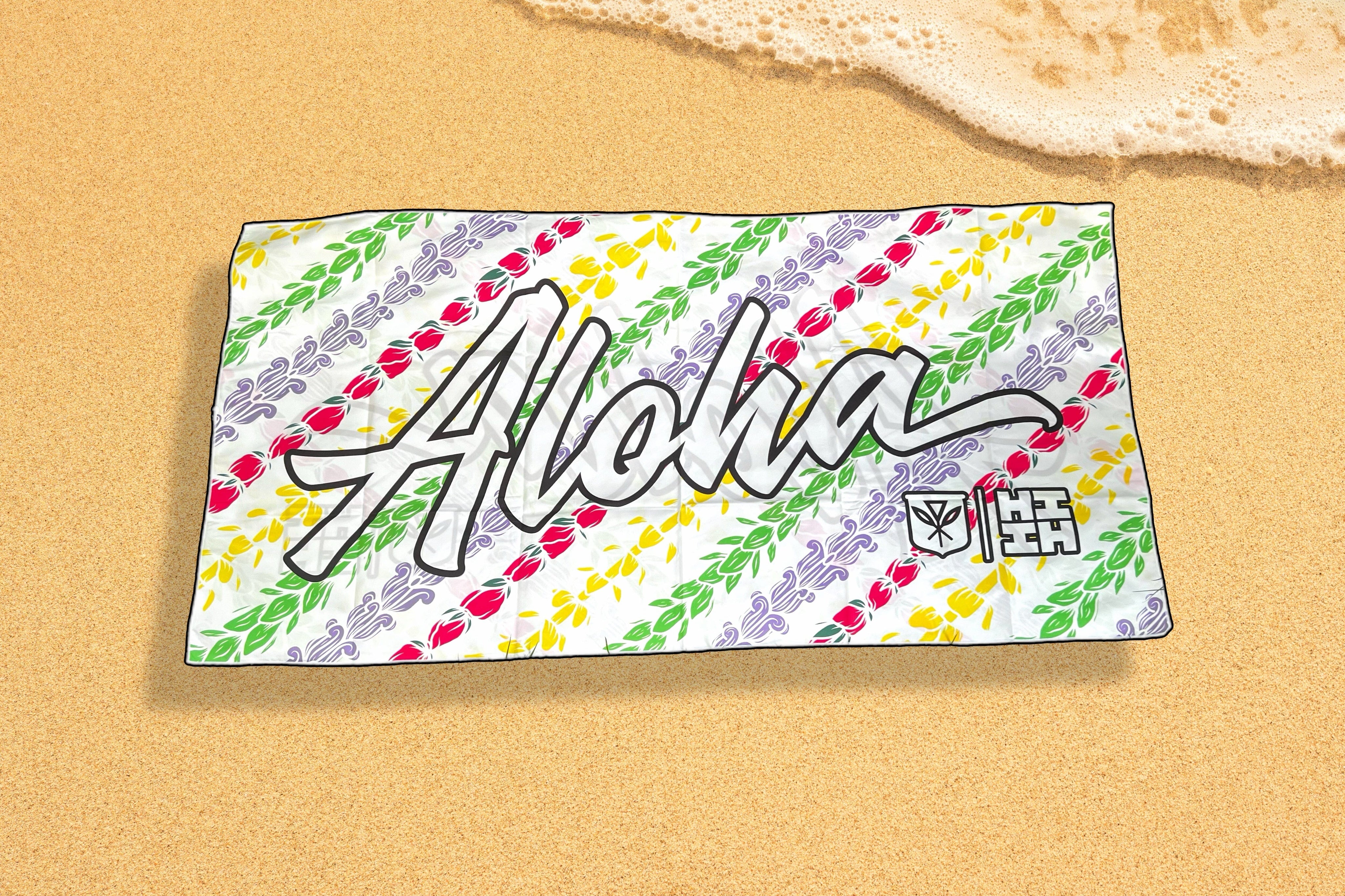 ALOHA SCRIPT WHITE RAINBOW LEIS TOWEL Utility Hawaii's Finest 