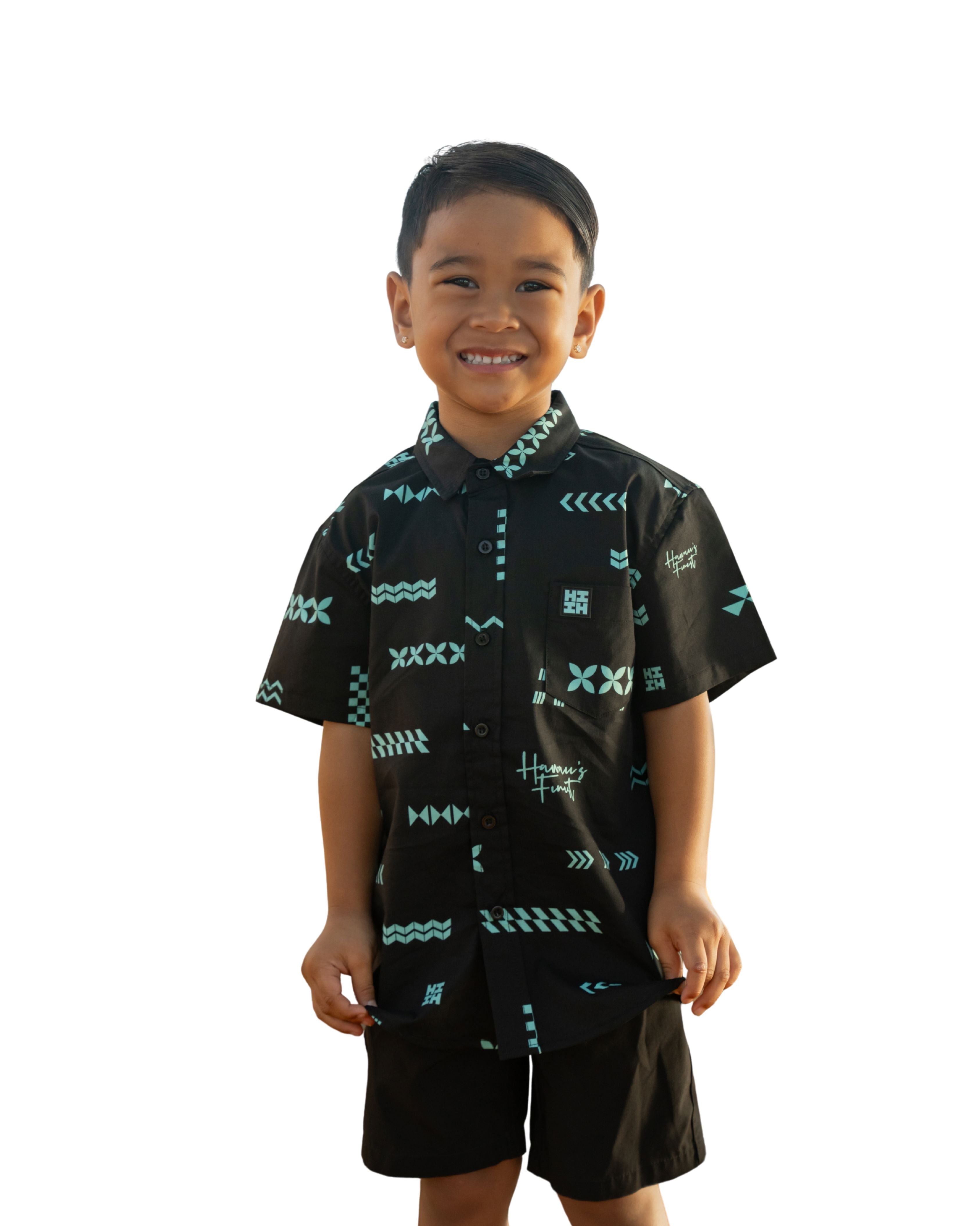 ʻANO KĀPALA KEIKI BLACK & MINT ALOHA SHIRT Shirts Hawaii's Finest XX-SMALL 