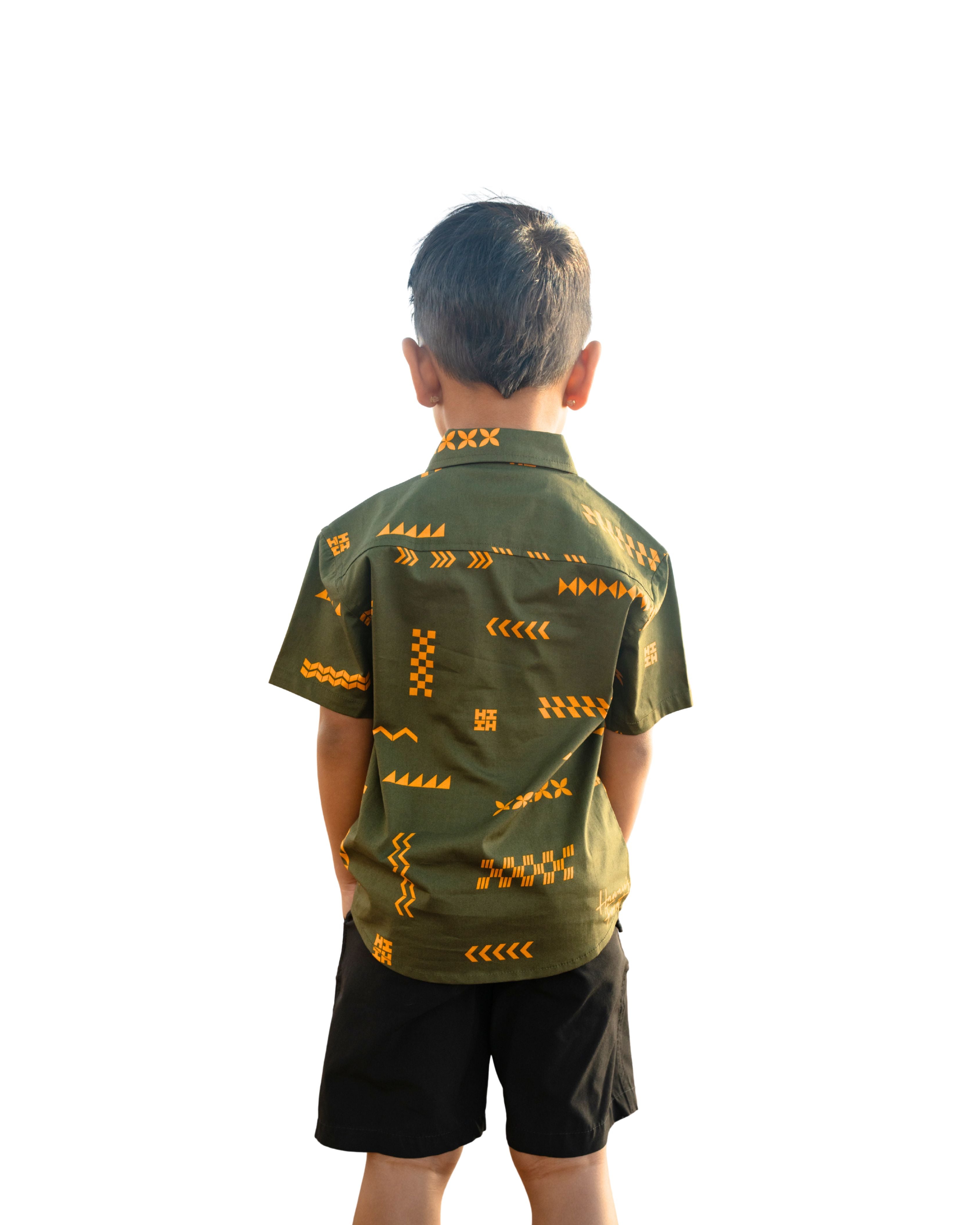 ʻANO KĀPALA KEIKI OLIVE & MUSTARD ALOHA SHIRT Shirts Hawaii's Finest 