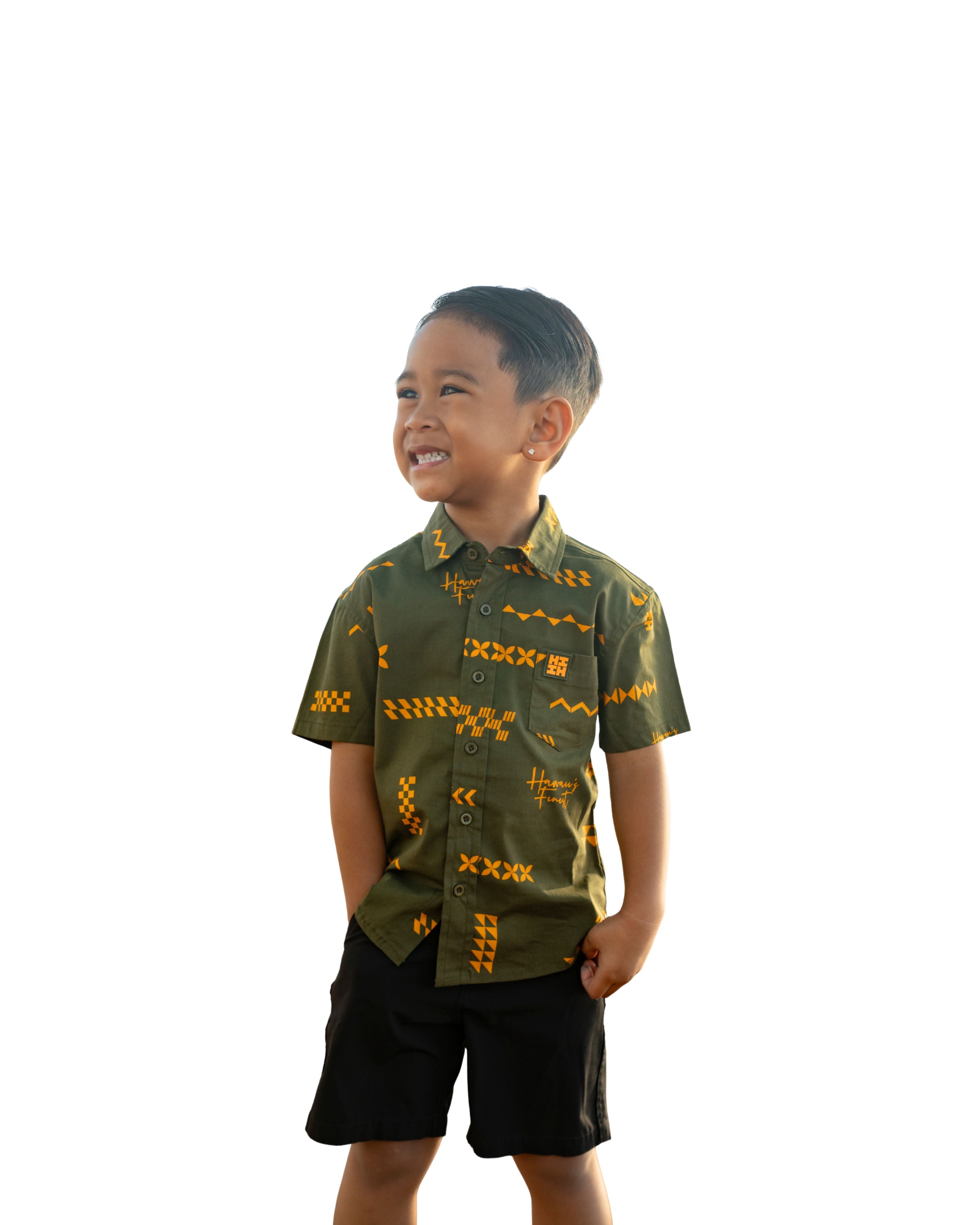 ʻANO KĀPALA KEIKI OLIVE & MUSTARD ALOHA SHIRT Shirts Hawaii's Finest XX-SMALL 