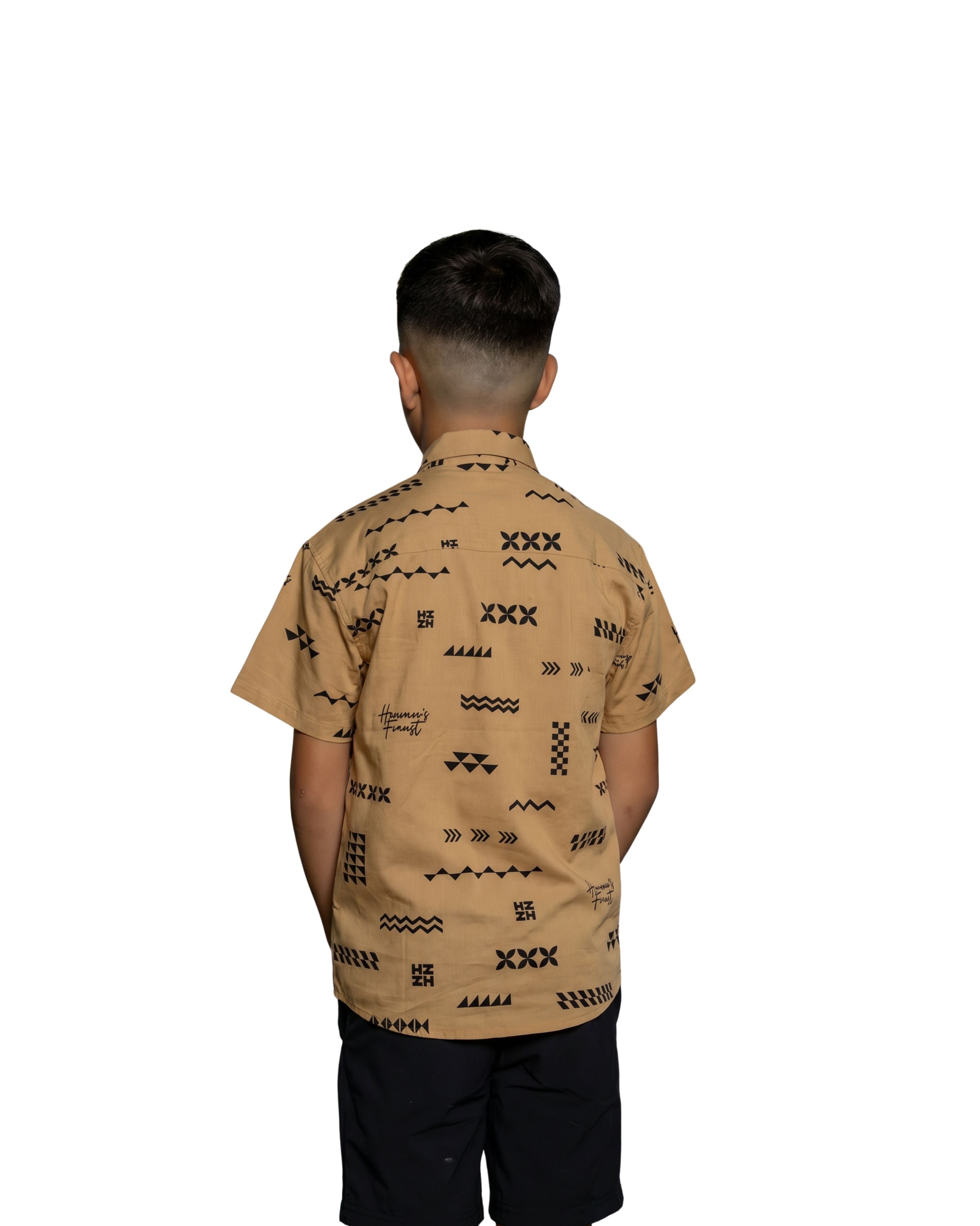 ʻANO KĀPALA KEIKI TAUPE & BLACK ALOHA SHIRT Shirts Hawaii's Finest 