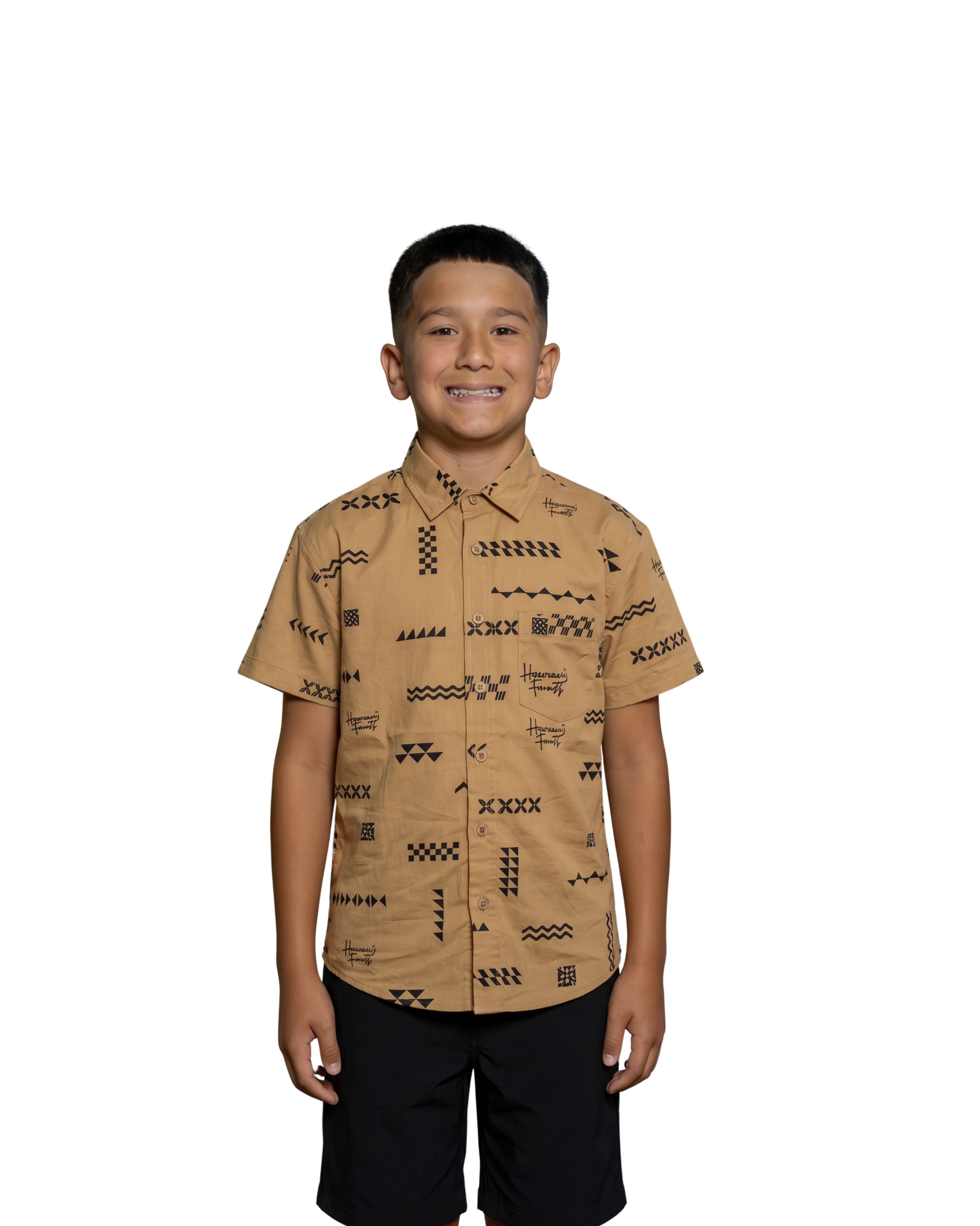 ʻANO KĀPALA KEIKI TAUPE & BLACK ALOHA SHIRT Shirts Hawaii's Finest XX-SMALL 