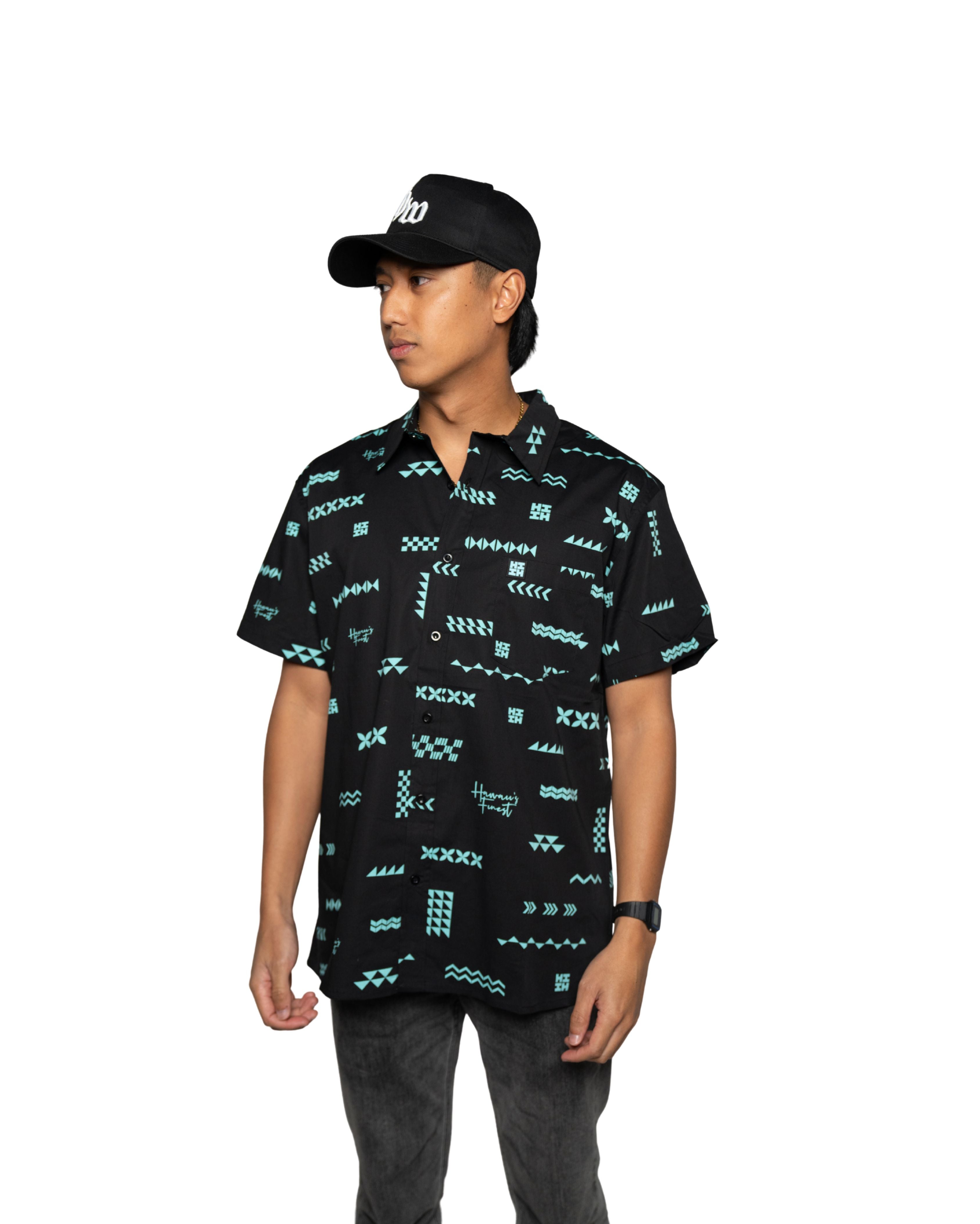 ʻANO KĀPALA MEN'S BLACK & MINT ALOHA SHIRT Shirts Hawaii's Finest SMALL 