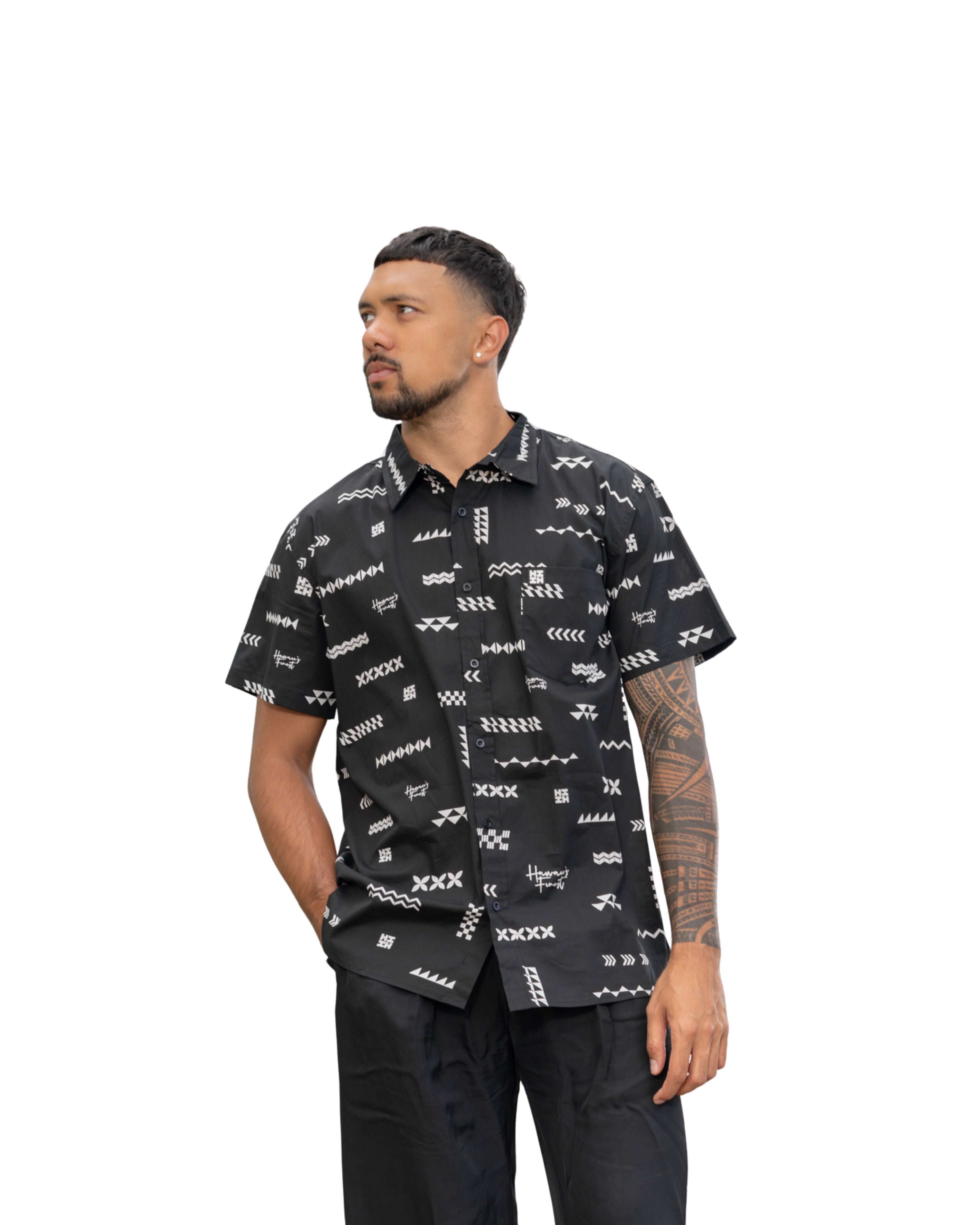 ʻANO KĀPALA MEN'S BLACK & WHITE ALOHA SHIRT Shirts Hawaii's Finest SMALL 