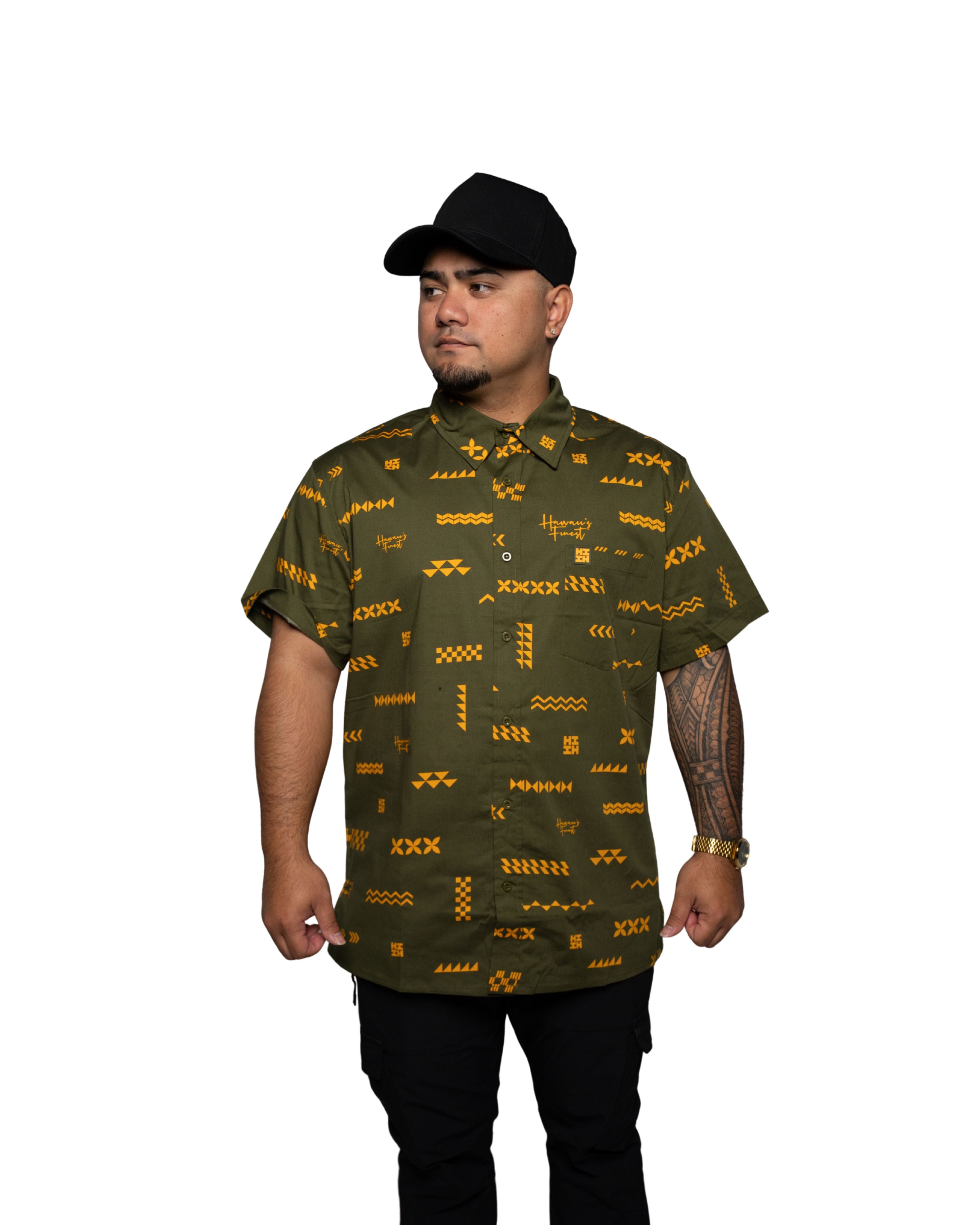 ʻANO KĀPALA MEN'S OLIVE & MUSTARD ALOHA SHIRT Shirts Hawaii's Finest SMALL 