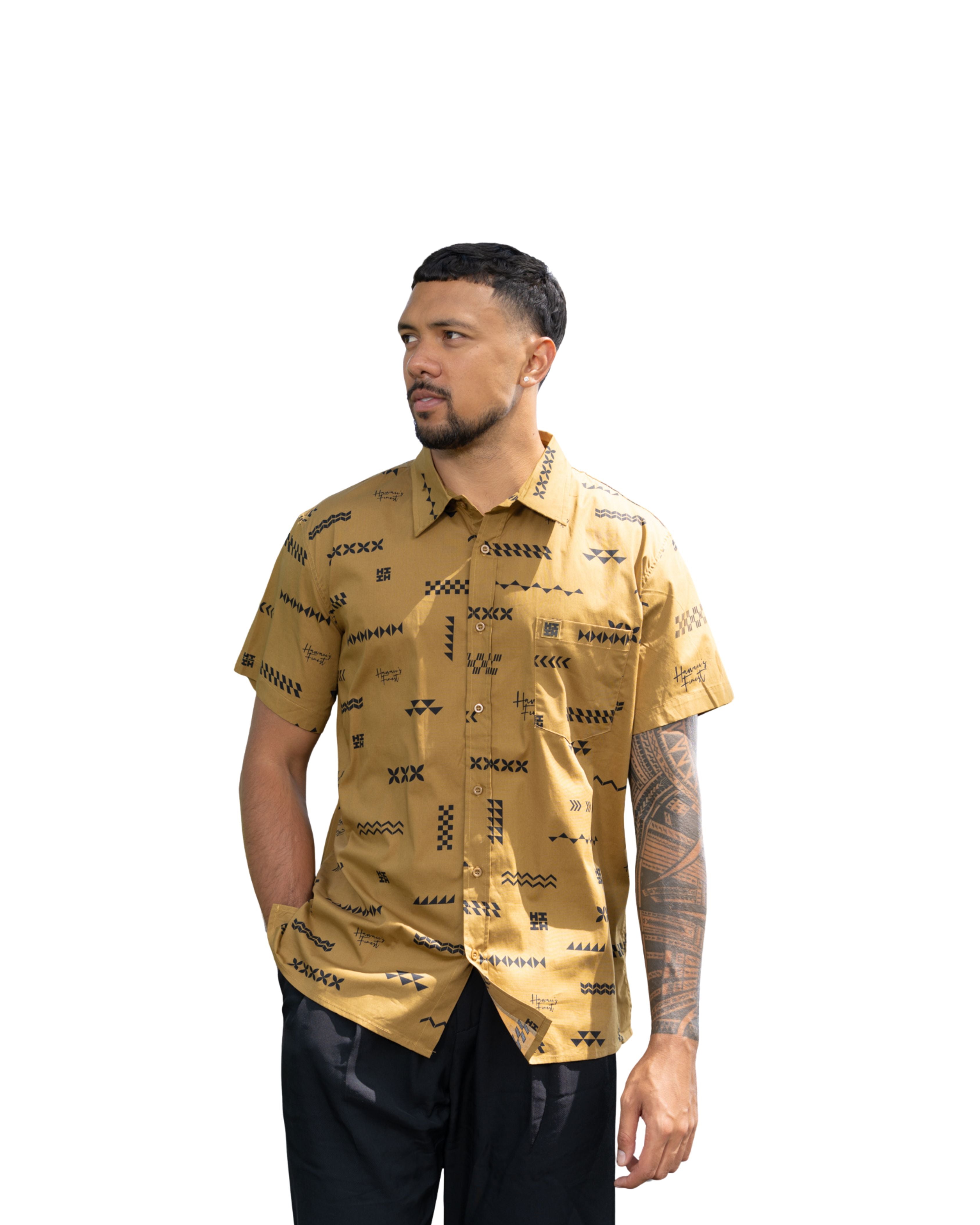 ʻANO KĀPALA MEN'S TAUPE & BLACK ALOHA SHIRT Shirts Hawaii's Finest SMALL 
