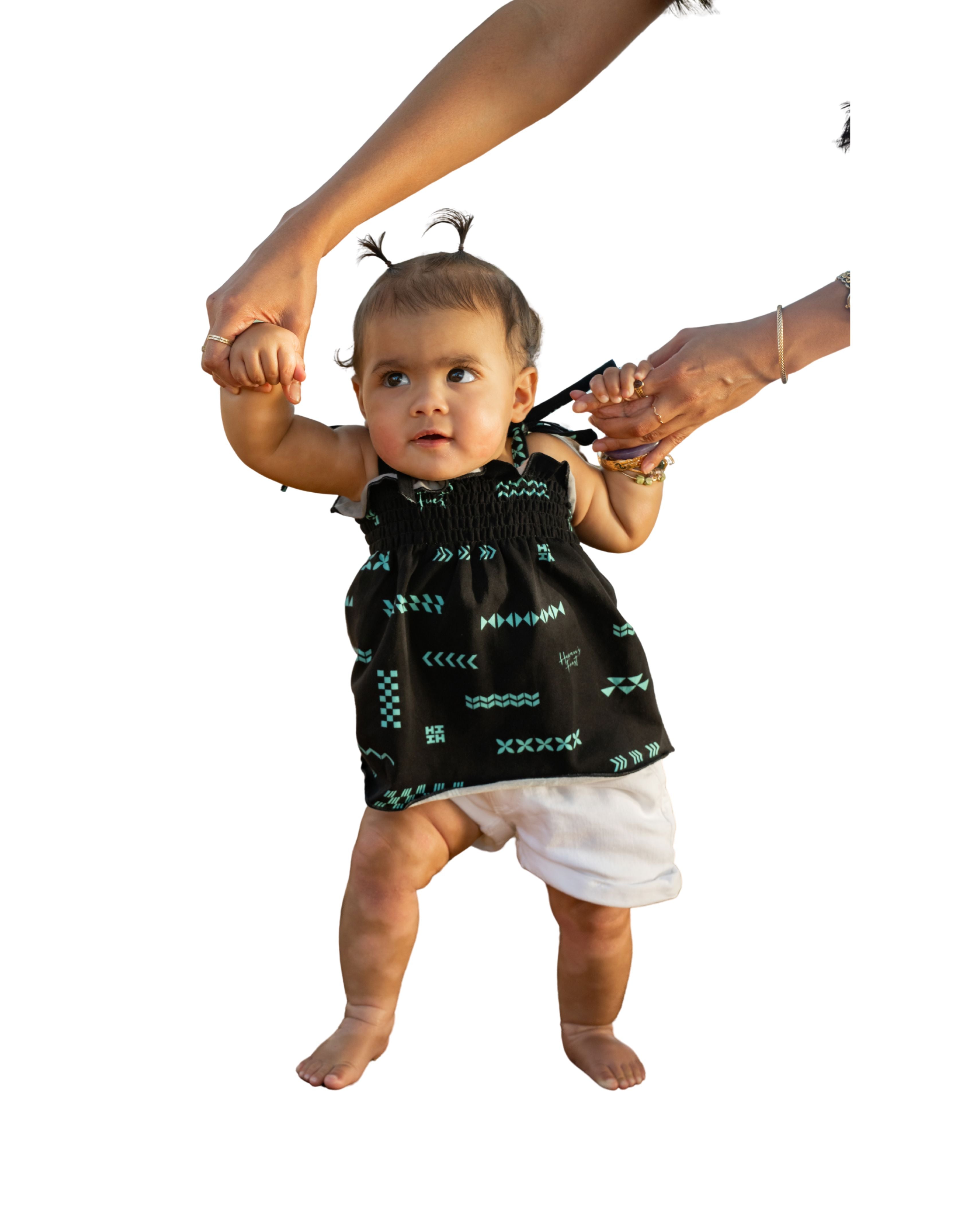 ʻANO KĀPALA PĒPĒ BLACK & MINT RUFFLE TOP Shirts Hawaii's Finest 6-12 MONTHS 