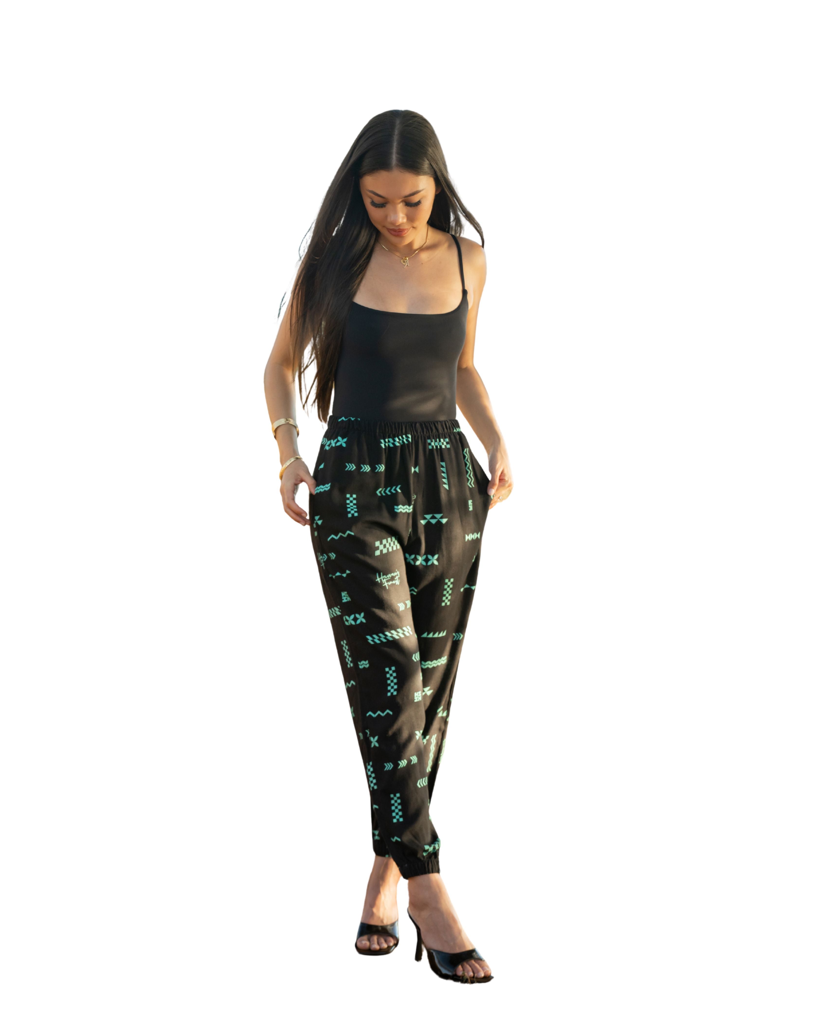 ʻANO KĀPALA WOMEN'S BLACK & MINT JOGGERS Shirts Hawaii's Finest X-SMALL 