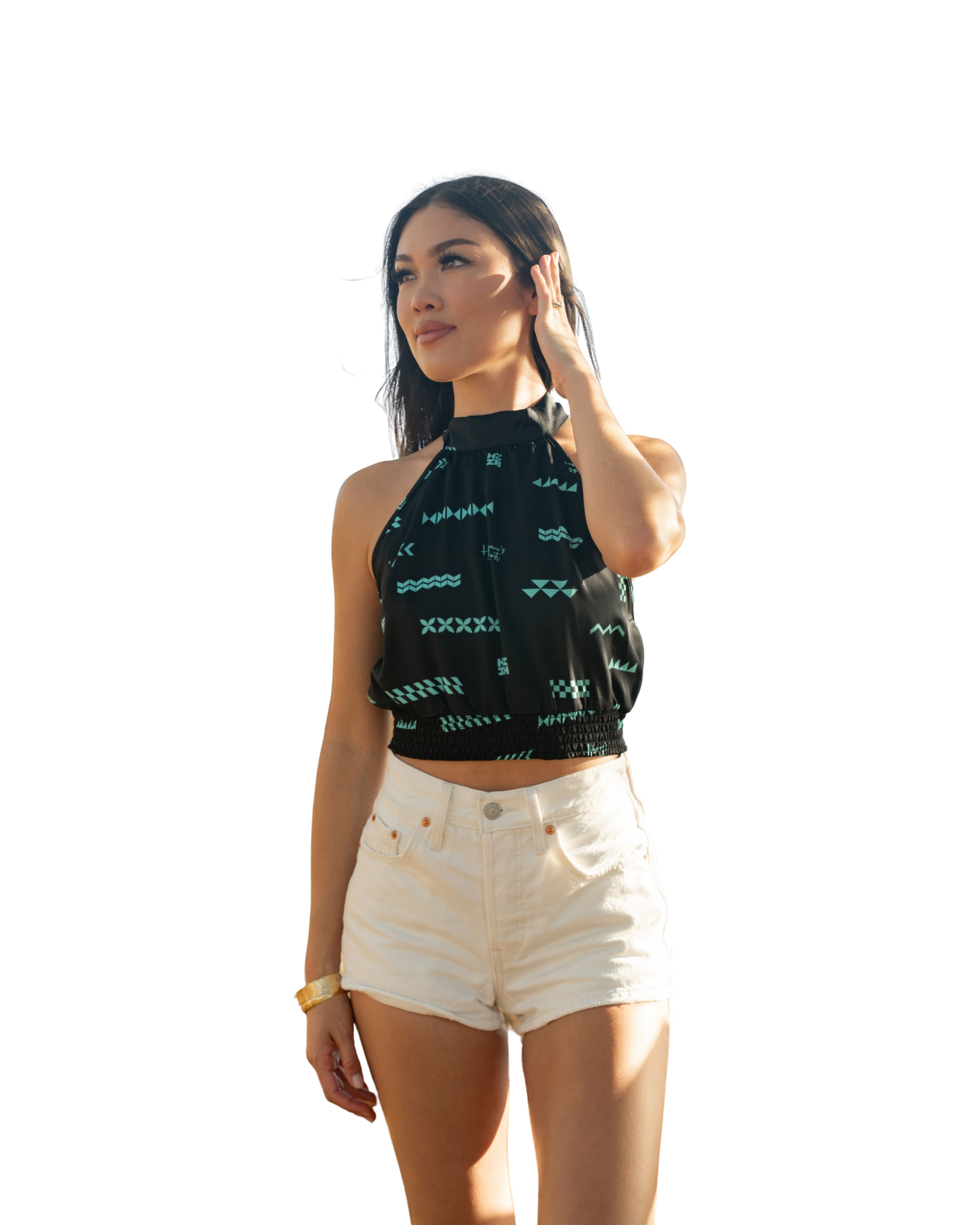 ʻANO KĀPALA WOMEN'S BLACK & MINT MIDI-HALTER TOP Shirts Hawaii's Finest X-SMALL 