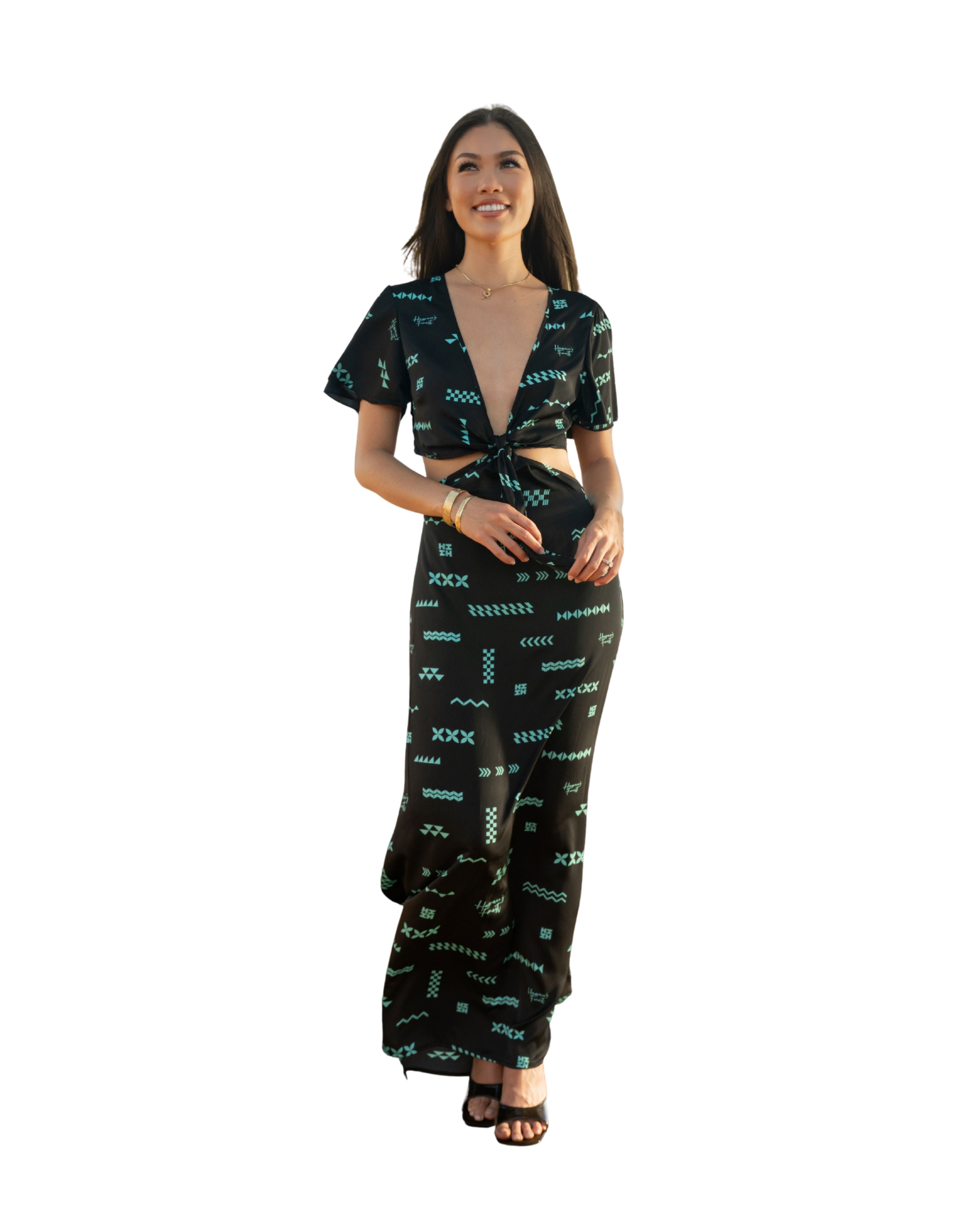 ʻANO KĀPALA WOMEN'S BLACK & MINT PLUNGING NECKLINE DRESS Shirts Hawaii's Finest X-SMALL 