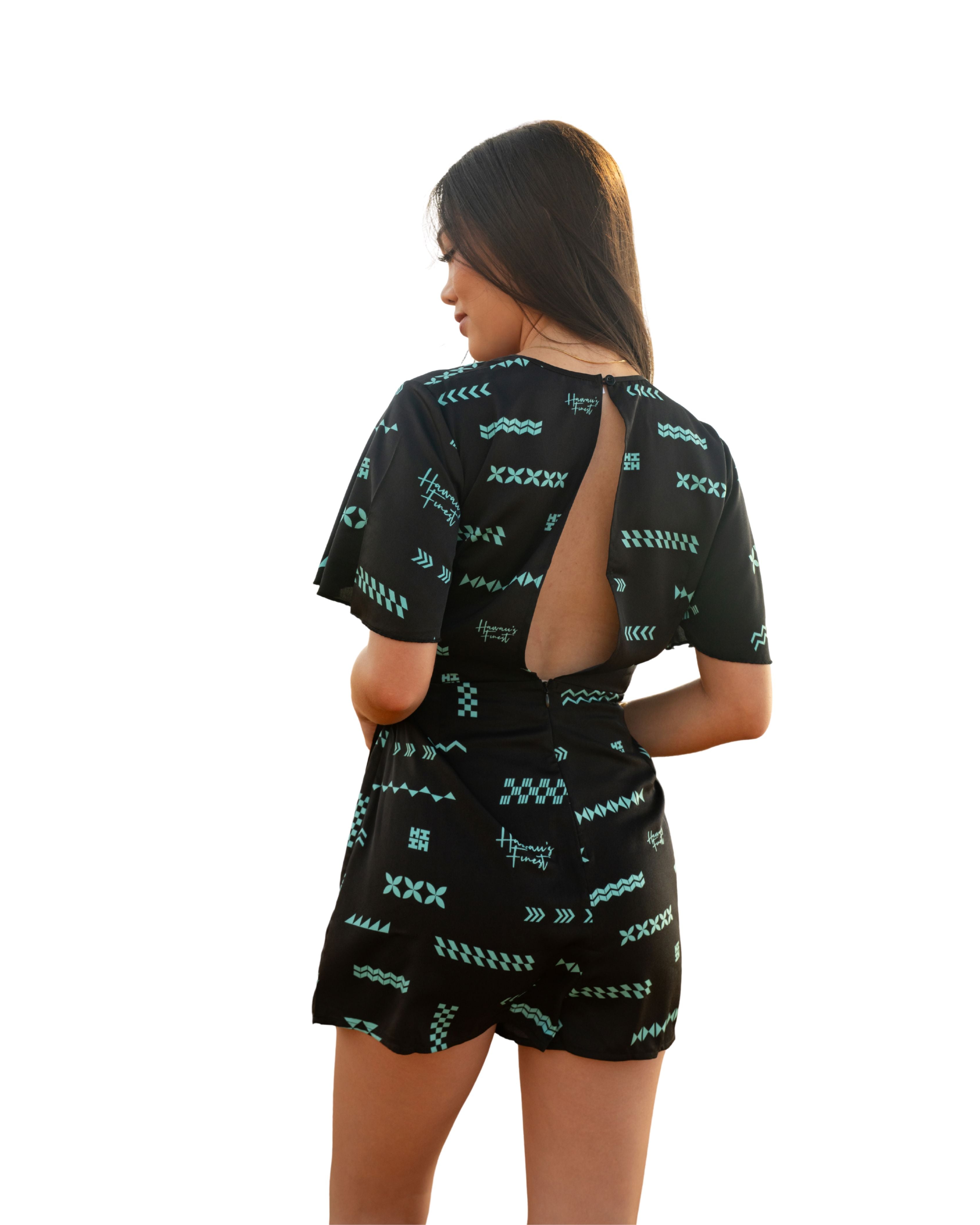 ʻANO KĀPALA WOMEN'S BLACK & MINT SIDE KNOT ROMPER Shirts Hawaii's Finest 