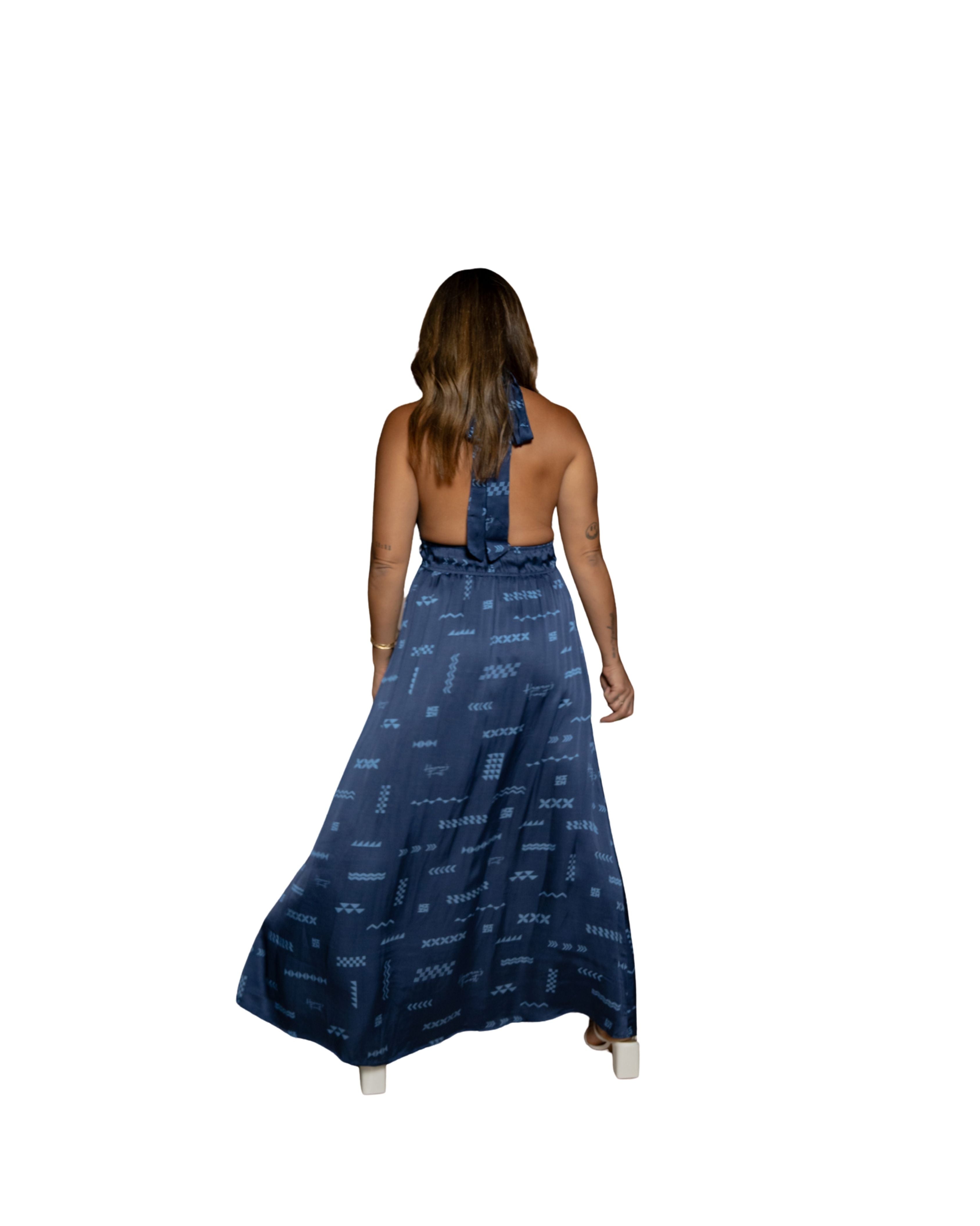 ʻANO KĀPALA WOMEN'S BLUE HALTER LONG DRESS Shirts Hawaii's Finest 