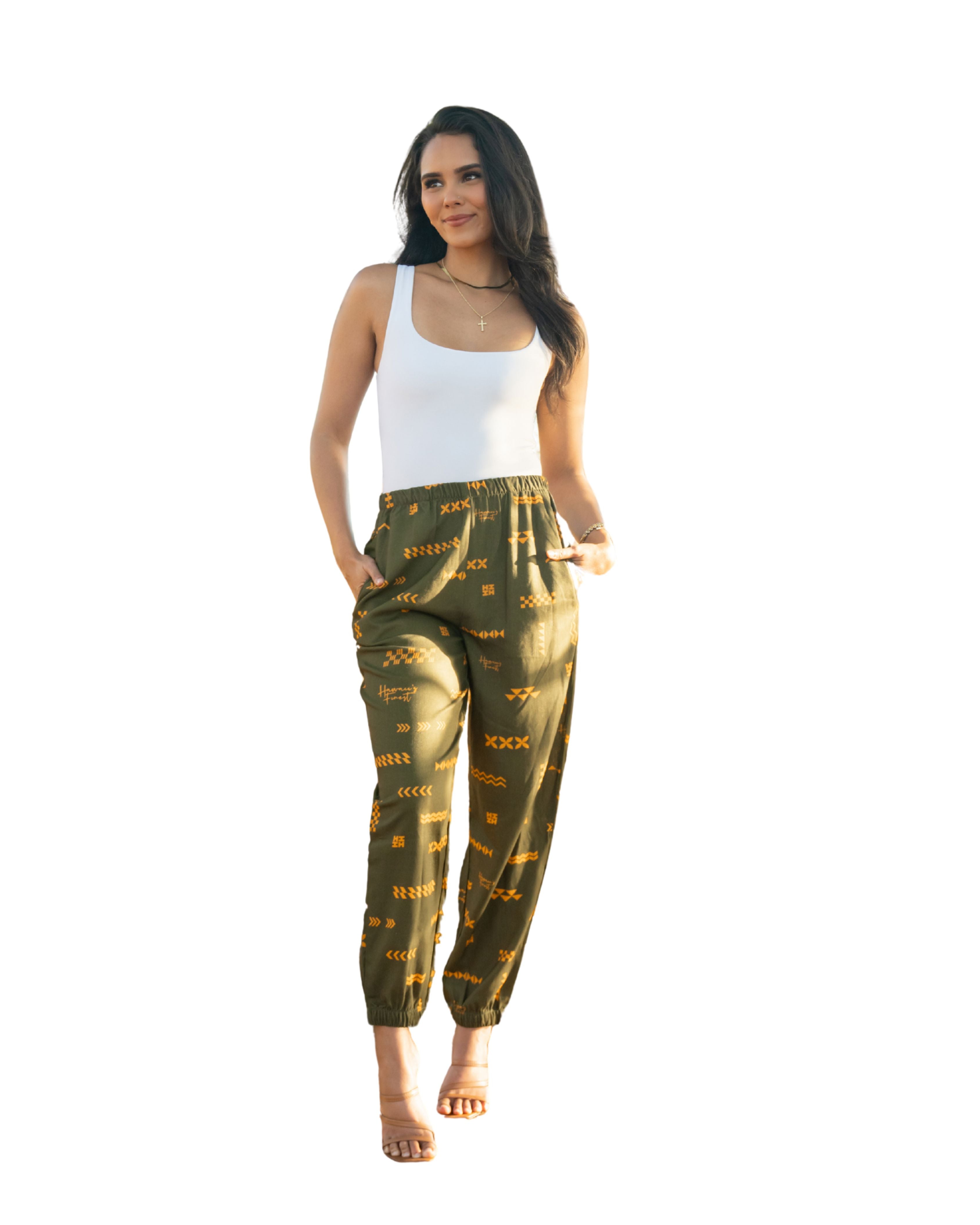 ʻANO KĀPALA WOMEN'S OLIVE & MUSTARD JOGGERS Shirts Hawaii's Finest X-SMALL 