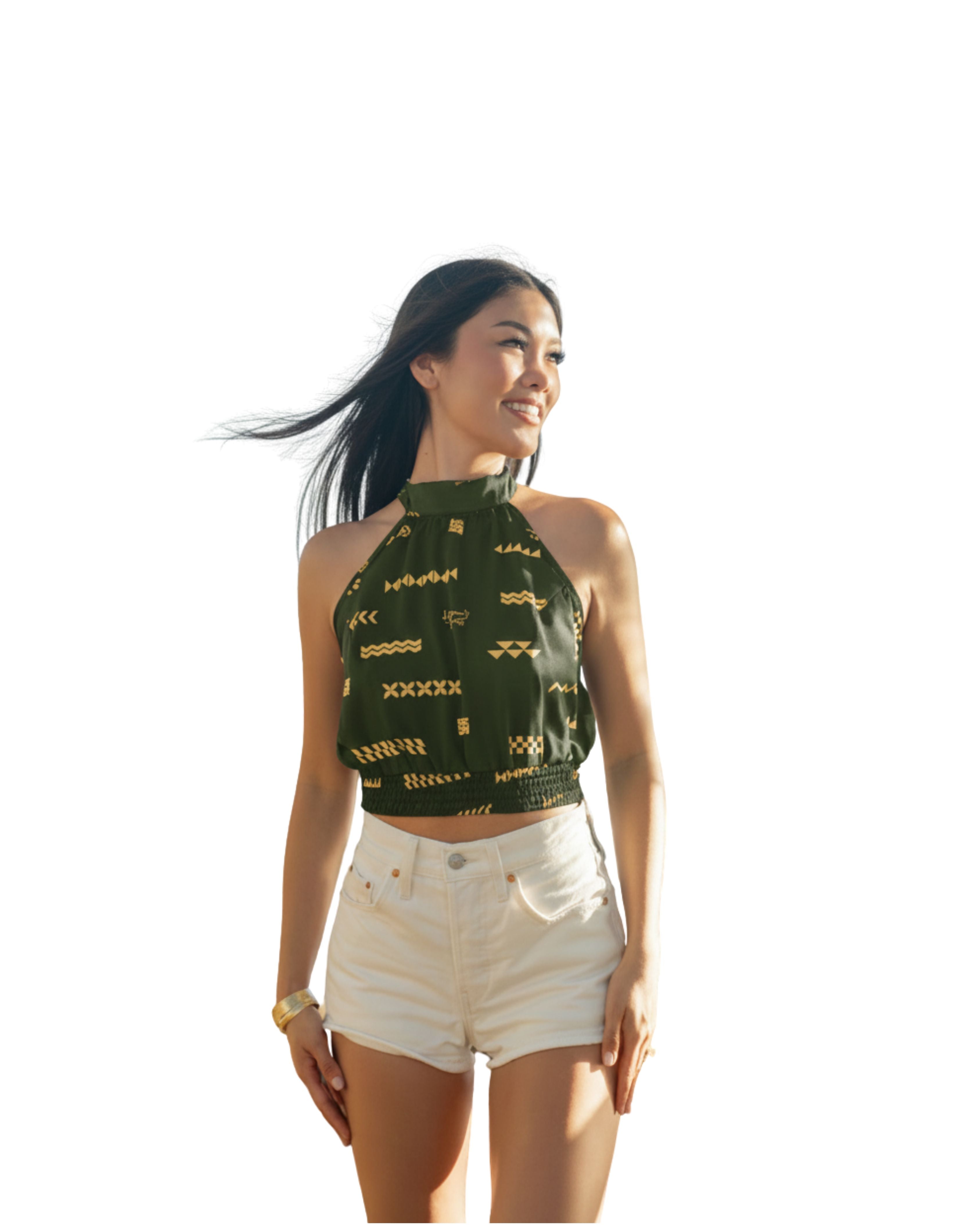 ʻANO KĀPALA WOMEN'S OLIVE & MUSTARD MIDI-HALTER TOP Shirts Hawaii's Finest X-SMALL 