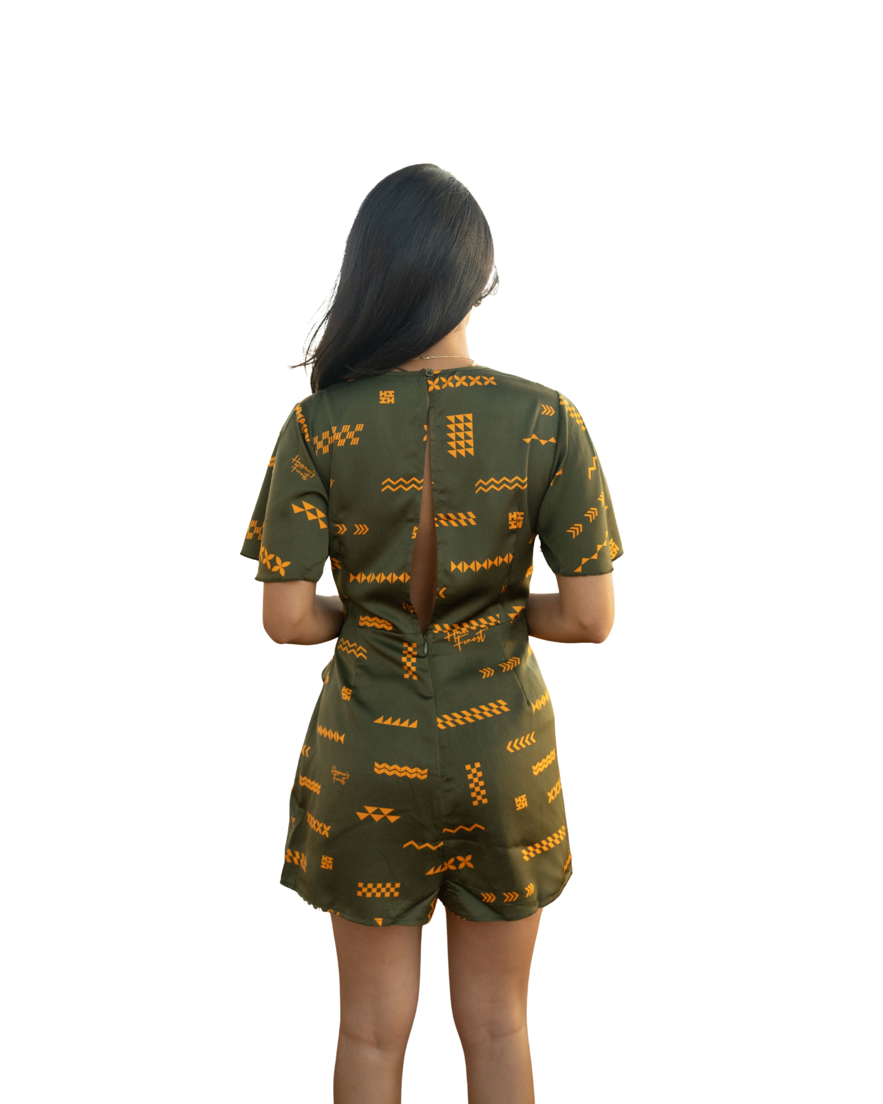 ʻANO KĀPALA WOMEN'S OLIVE & MUSTARD SIDE KNOT ROMPER Shirts Hawaii's Finest 