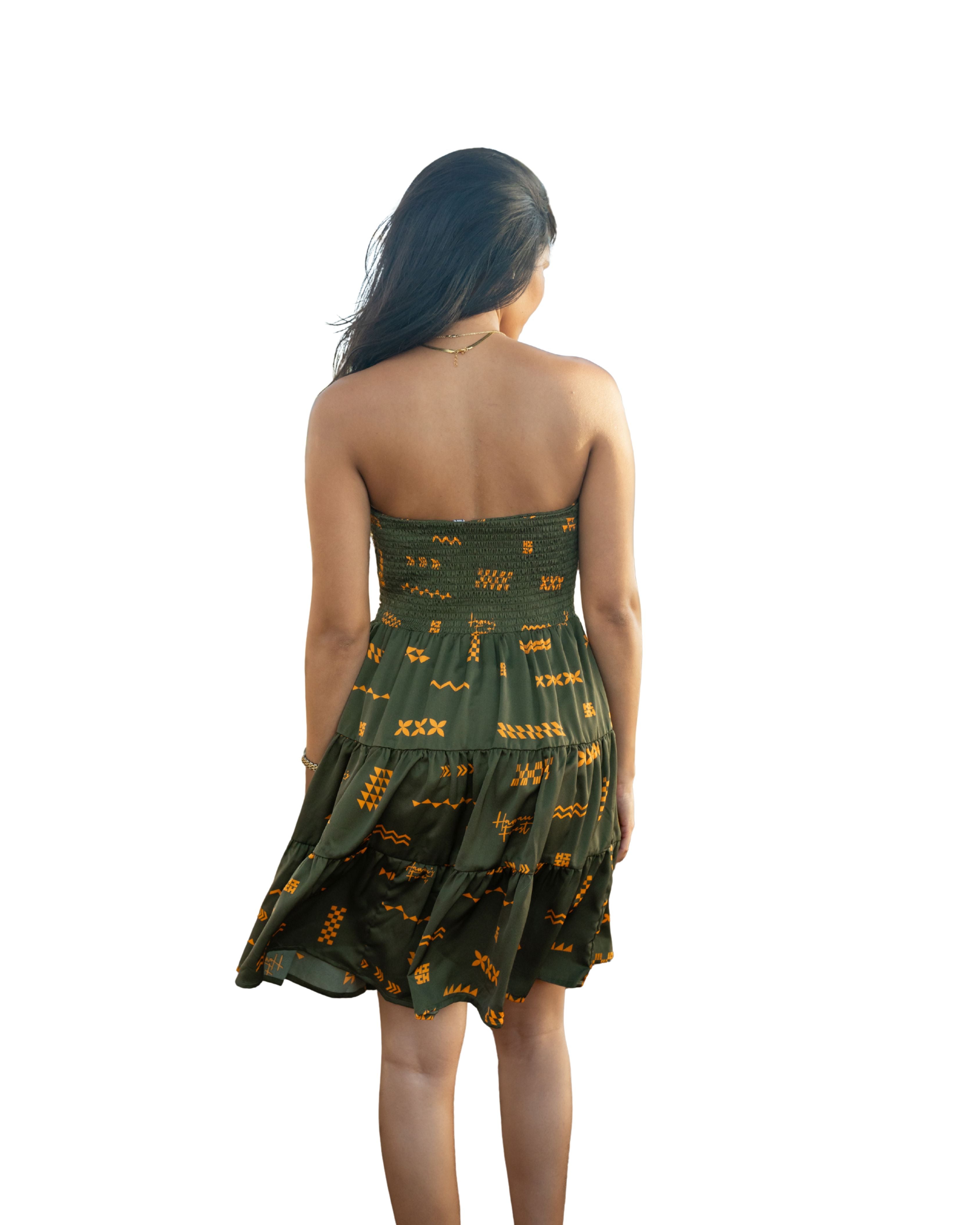 ʻANO KĀPALA WOMEN'S OLIVE & MUSTARD STRAPLESS DRESS Shirts Hawaii's Finest 