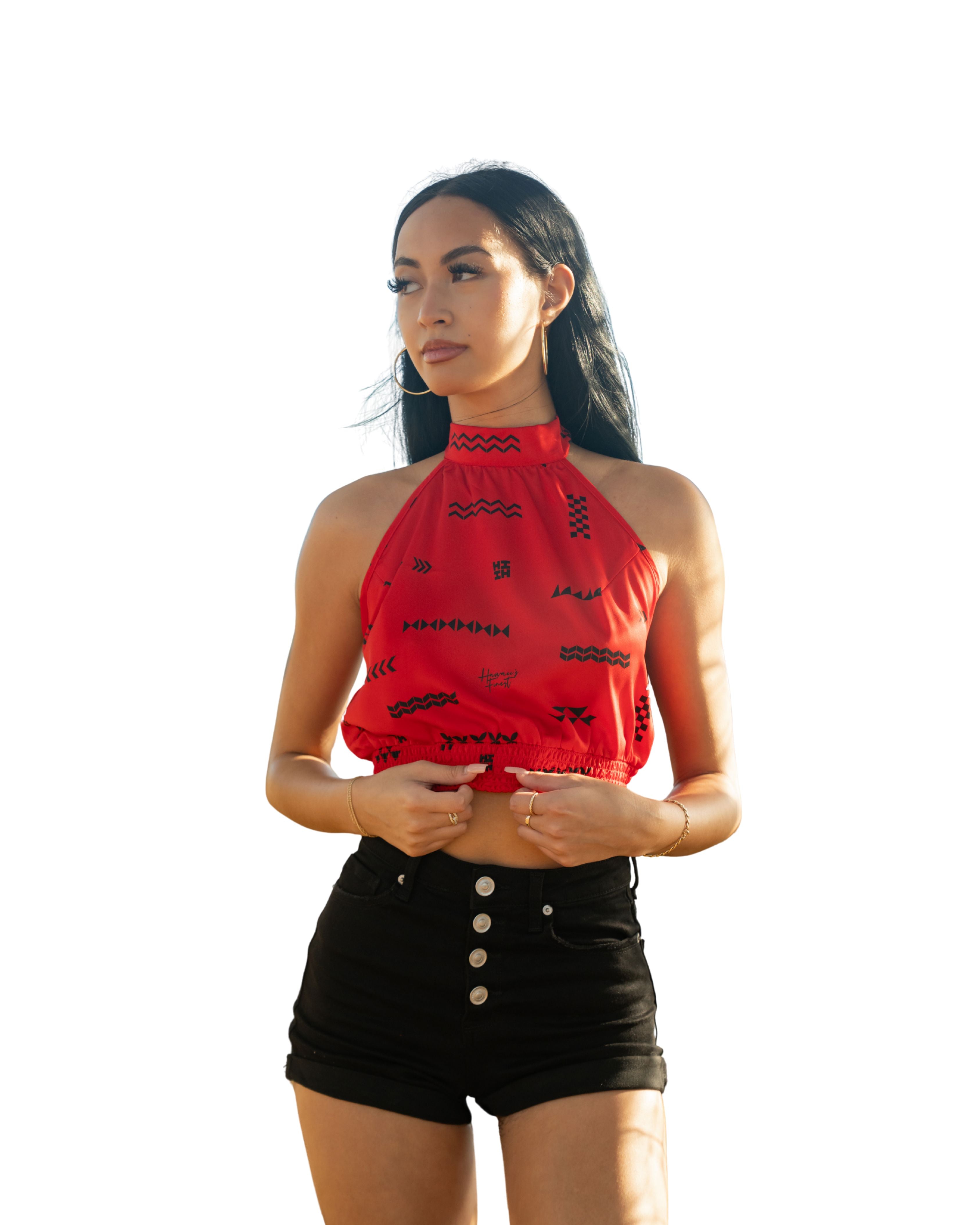ʻANO KĀPALA WOMEN'S RED & BLACK MIDI-HALTER TOP Shirts Hawaii's Finest X-SMALL 