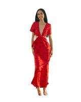 ʻANO KĀPALA WOMEN'S RED & BLACK PLUNGING NECKLINE DRESS