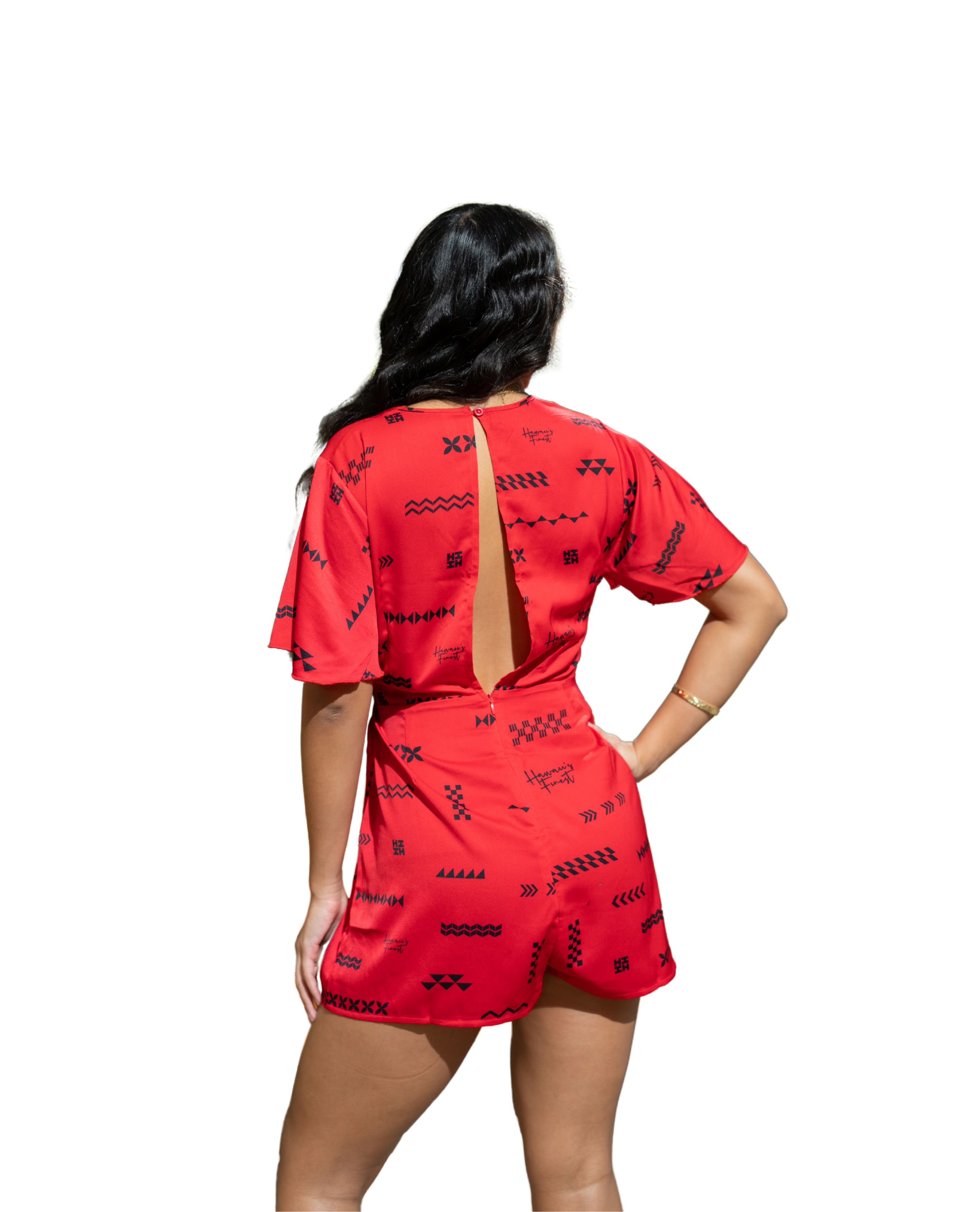 ʻANO KĀPALA WOMEN'S RED & BLACK SIDE KNOT ROMPER Shirts Hawaii's Finest 