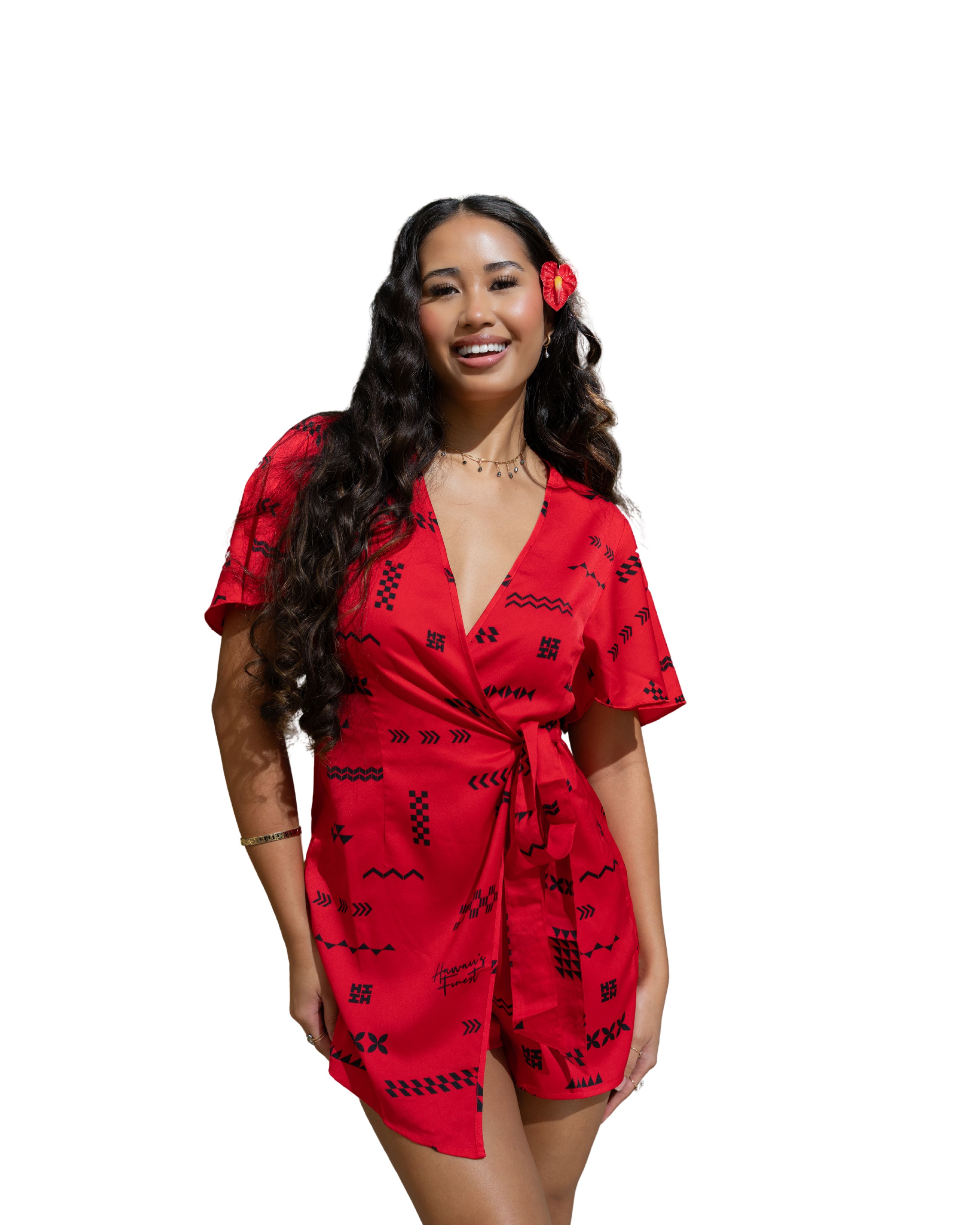 ʻANO KĀPALA WOMEN'S RED & BLACK SIDE KNOT ROMPER Shirts Hawaii's Finest X-SMALL 