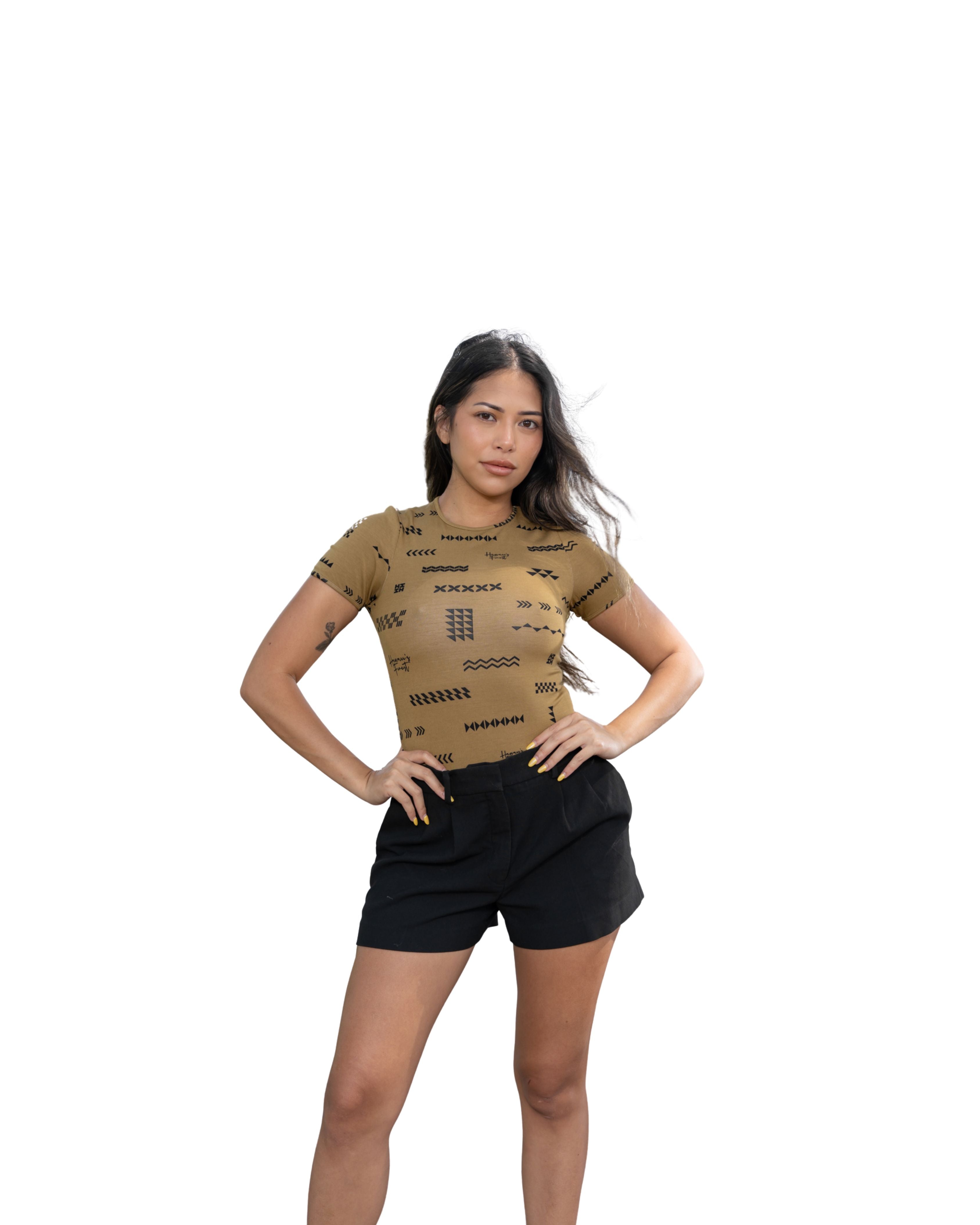 ʻANO KĀPALA WOMEN'S TAUPE & BLACK BODYSUIT Shirts Hawaii's Finest X-SMALL 