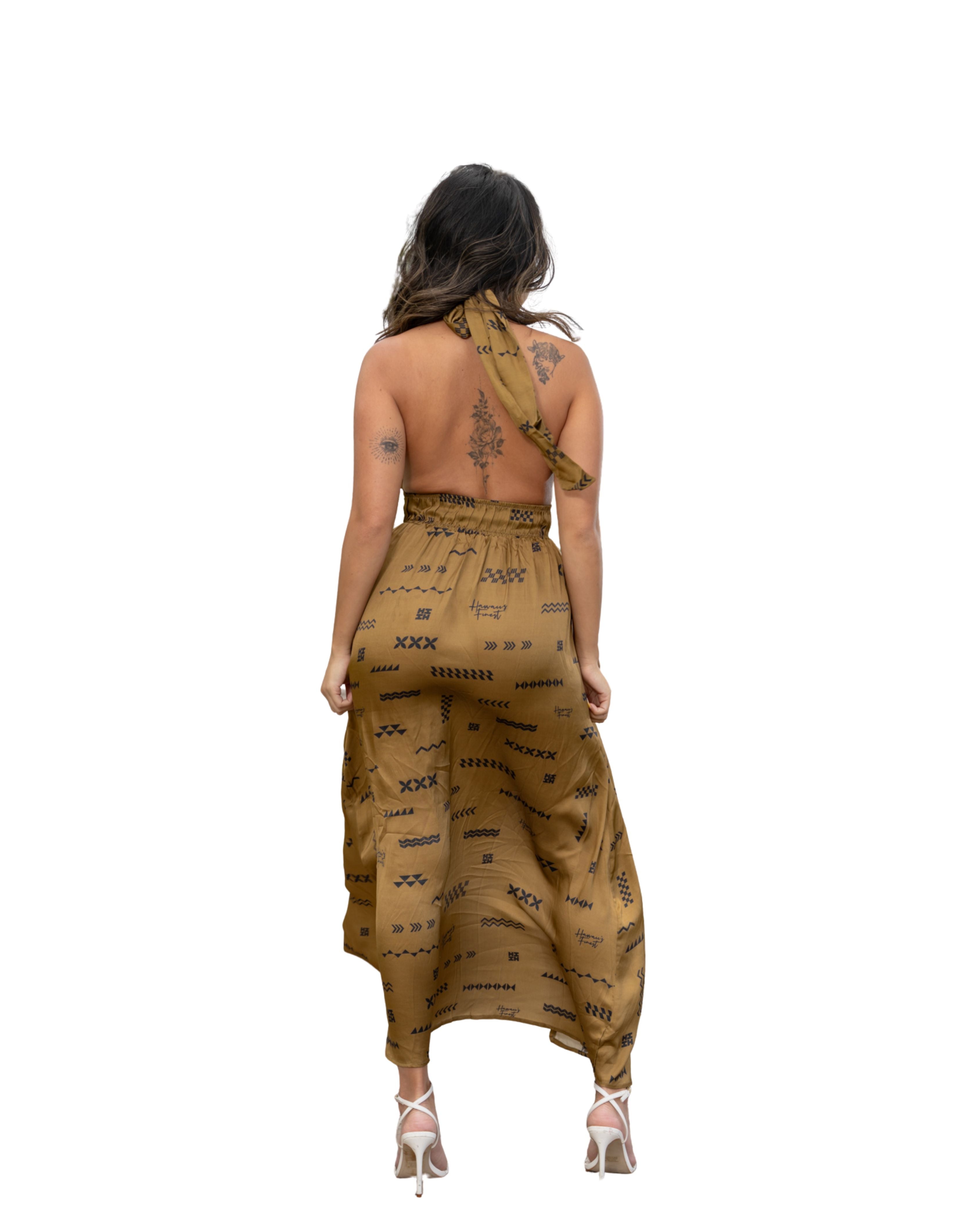 ʻANO KĀPALA WOMEN'S TAUPE & BLACK HALTER LONG DRESS Shirts Hawaii's Finest 