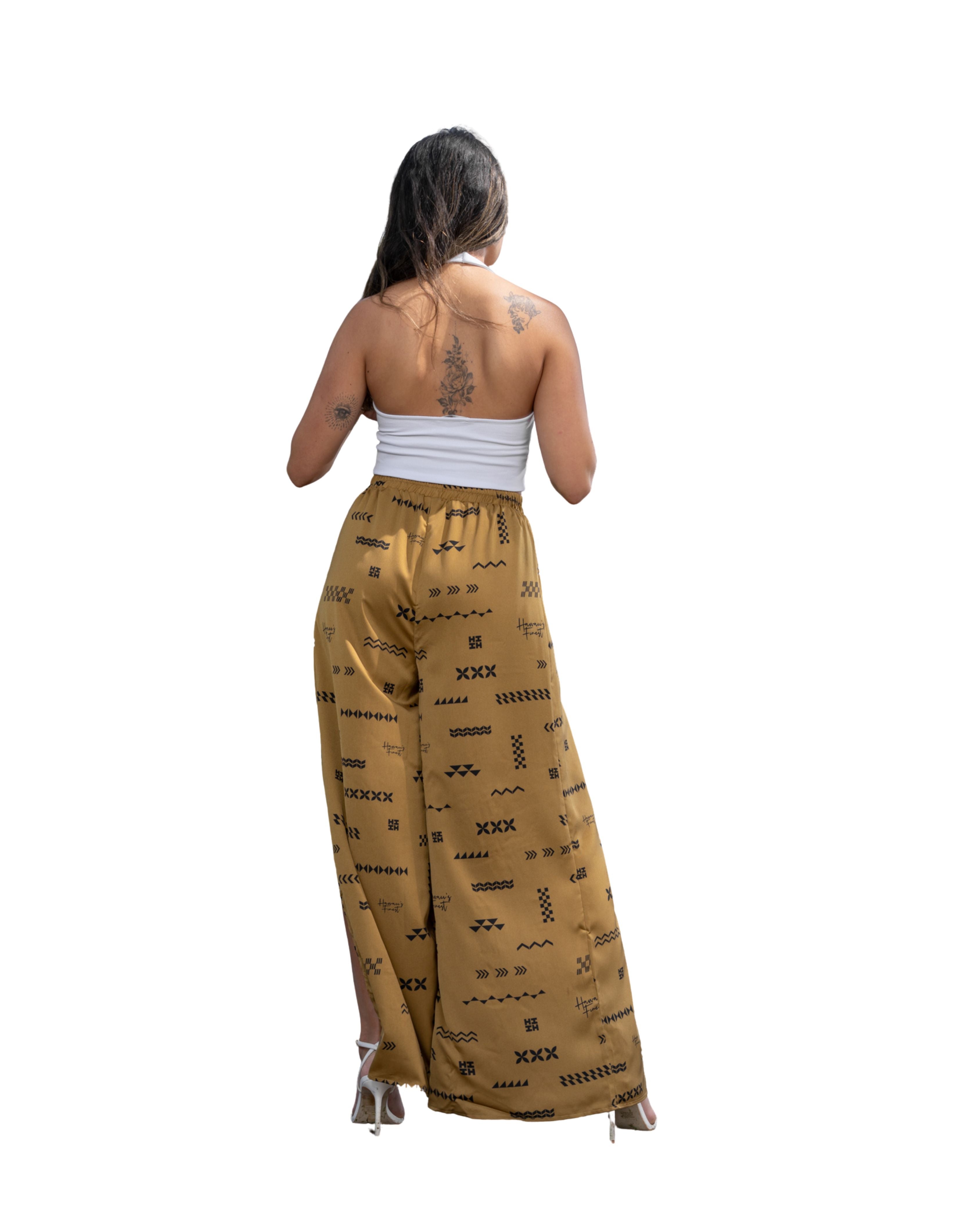 ʻANO KĀPALA WOMEN'S TAUPE & BLACK SPLIT THIGH PANTS Shirts Hawaii's Finest 