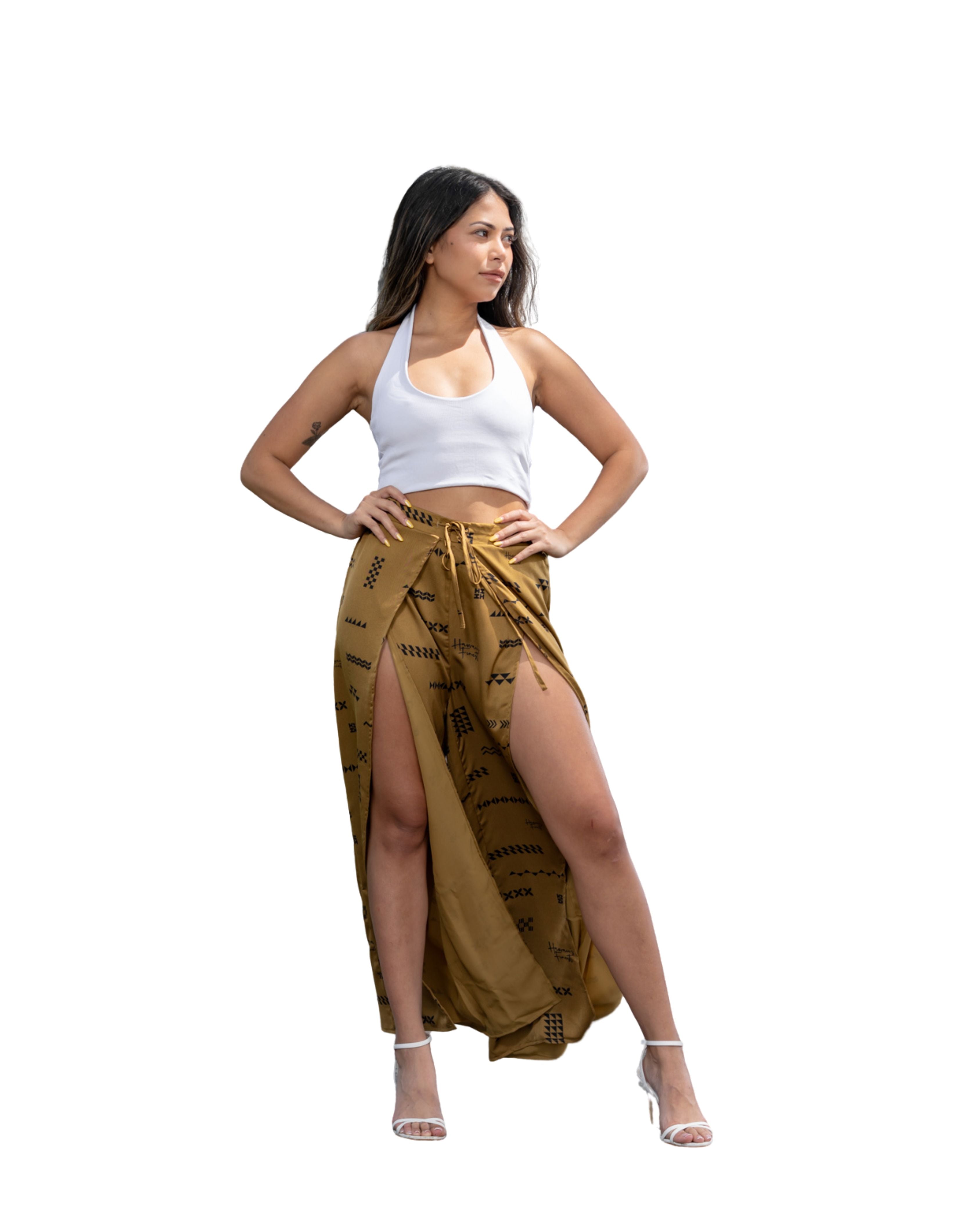 ʻANO KĀPALA WOMEN'S TAUPE & BLACK SPLIT THIGH PANTS Shirts Hawaii's Finest X-SMALL 