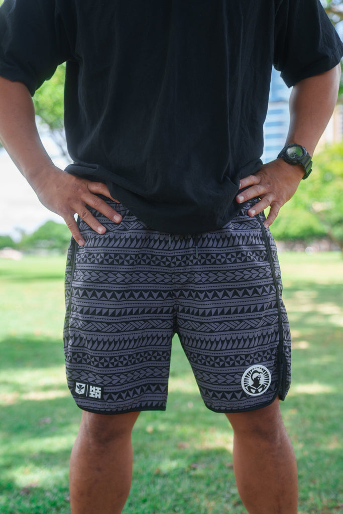 BLACK & GRAY TRIBAL ALOHA FESTIVAL PERFORMANCE SHORTS Shorts Hawaii's Finest 