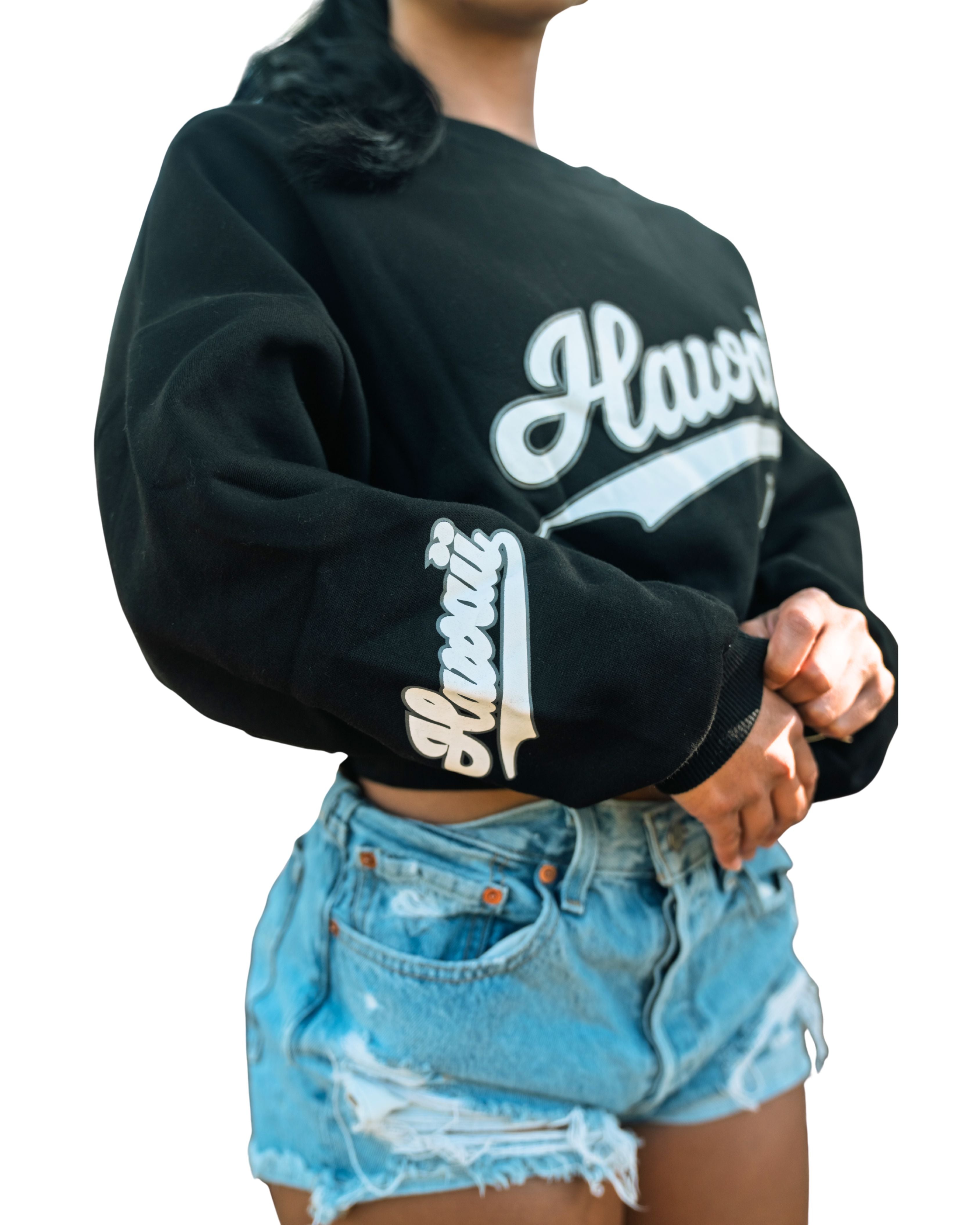 BLACK HAWAII SCRIPT WOMEN'S OVERSIZED CROP SWEATER Jacket Hawaii's Finest 