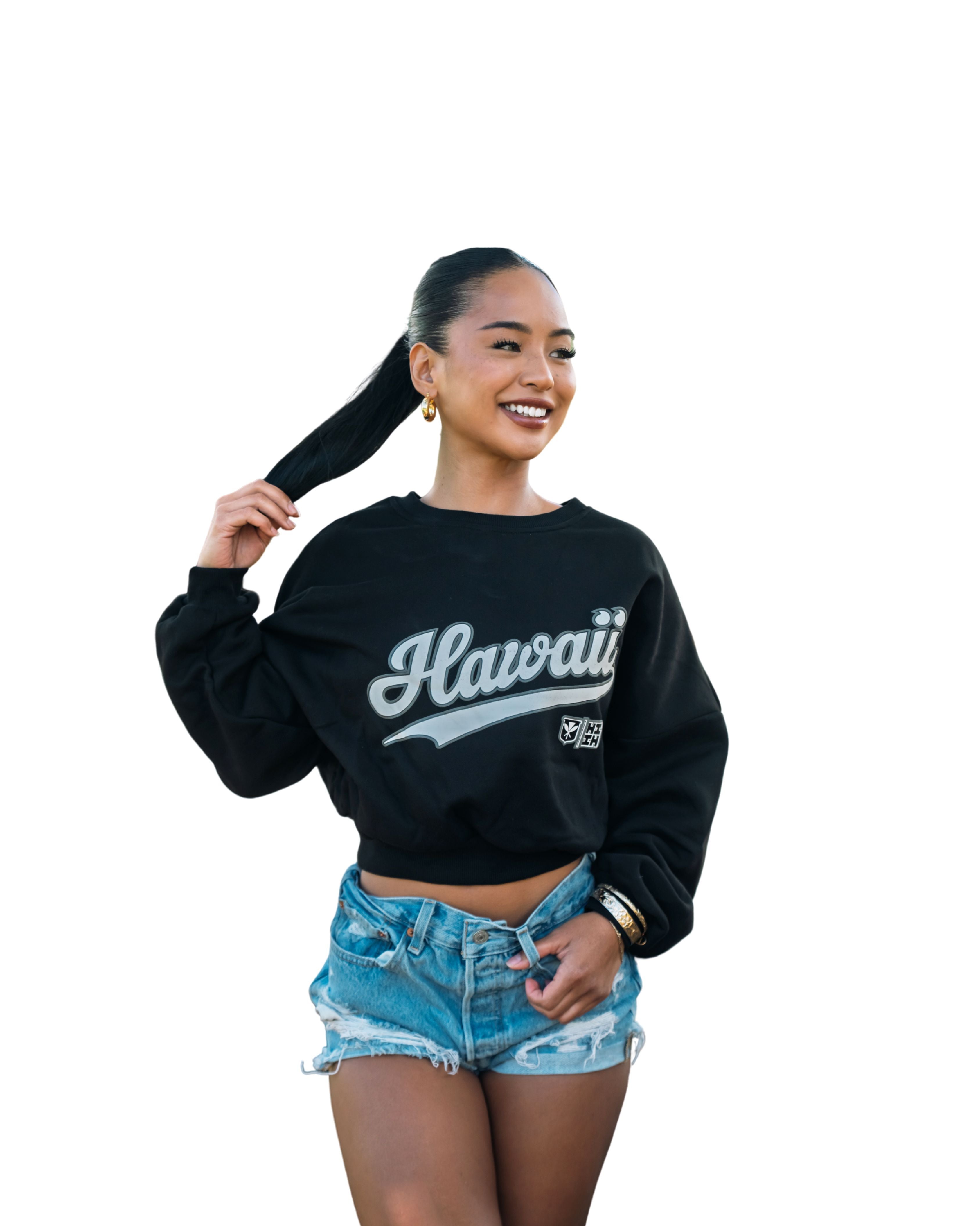 BLACK HAWAII SCRIPT WOMEN'S OVERSIZED CROP SWEATER Jacket Hawaii's Finest X-SMALL 