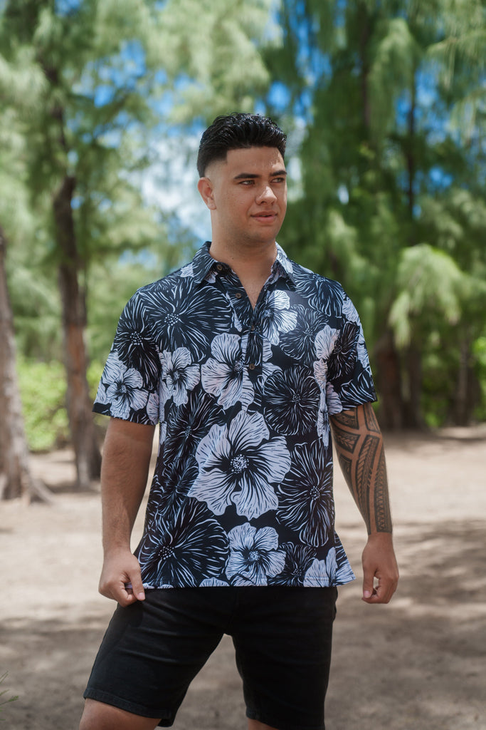 BLACK HIBISCUS ALOHA POLO Polo Hawaii's Finest X-SMALL 