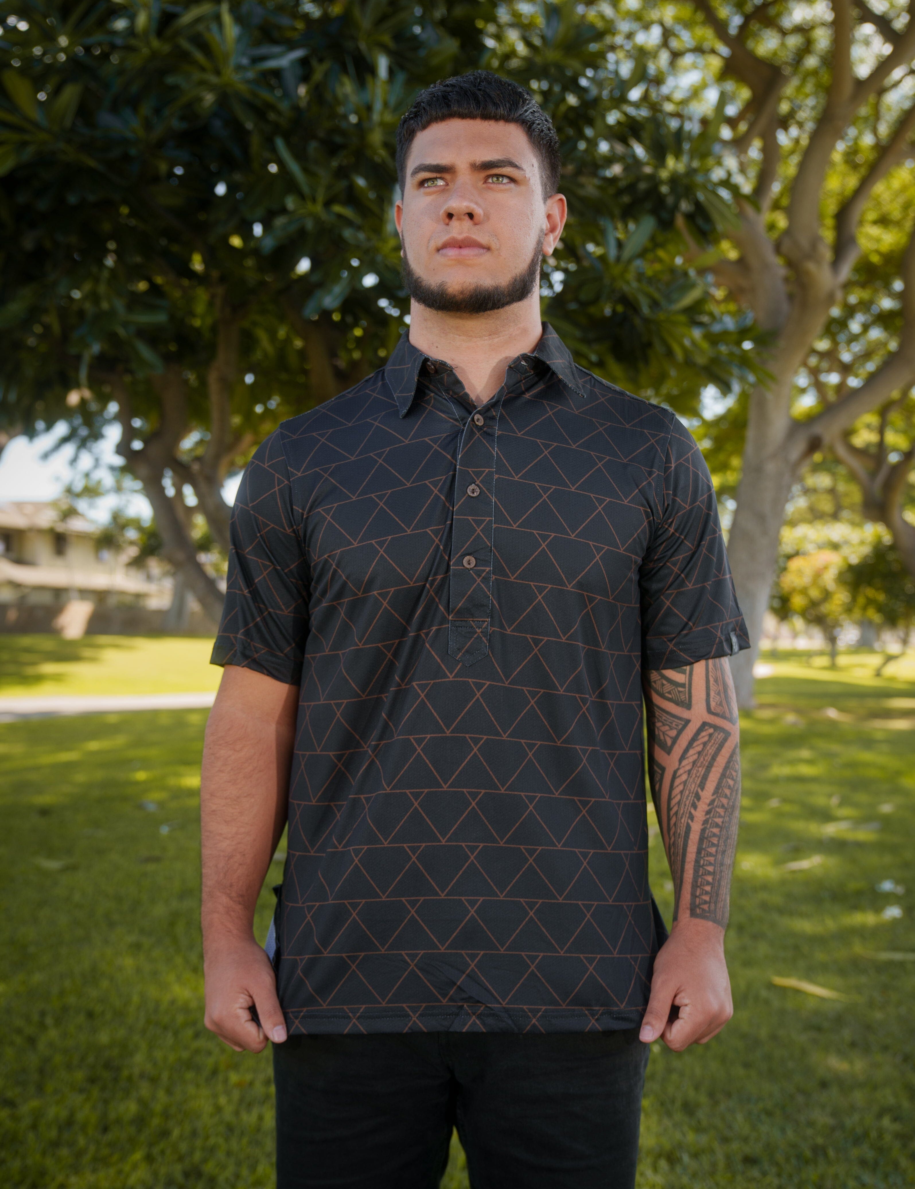 BLACK & RUST TRIANGLES ALOHA POLO Polo Hawaii's Finest 