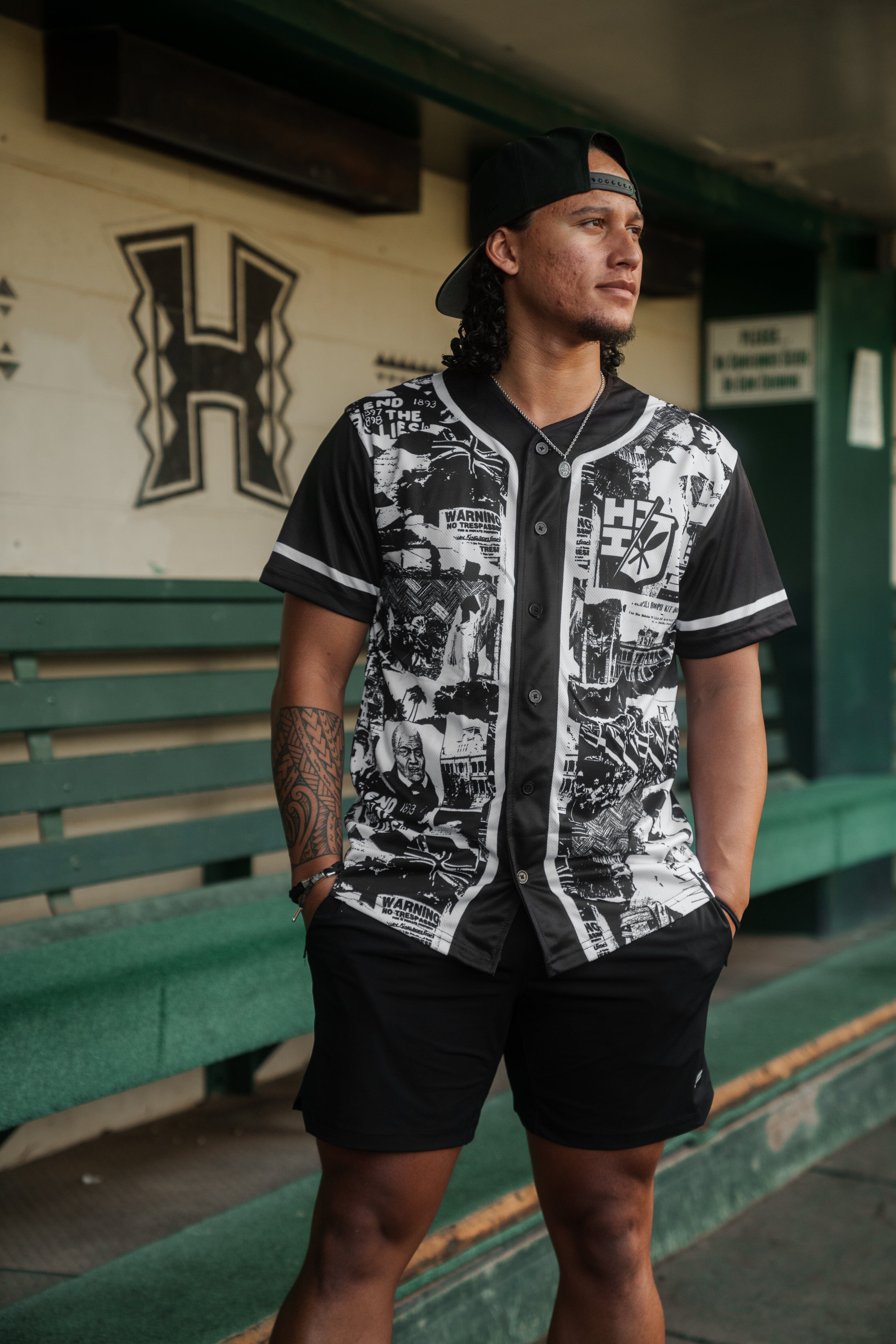 BLACK & WHITE COLLAGE BASEBALL JERSEY Jersey Hawaii's Finest 