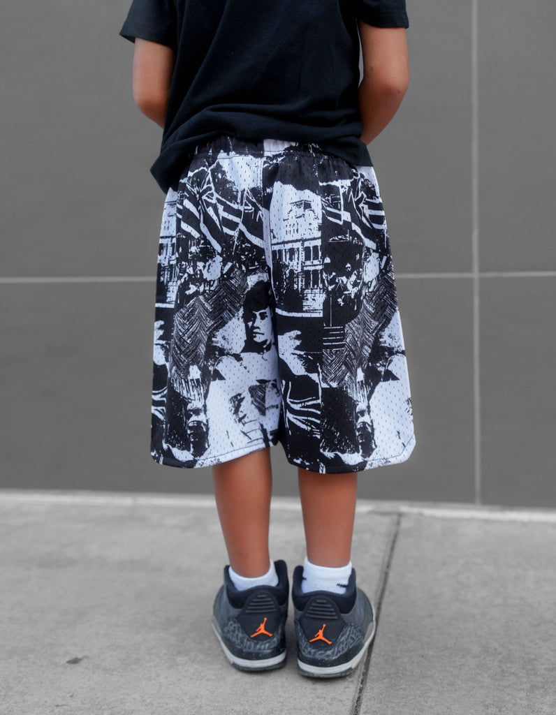 BLACK & WHITE COLLAGE KEIKI MESH SHORTS Shirts Hawaii's Finest 