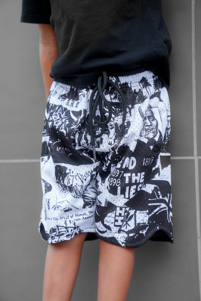 BLACK & WHITE COLLAGE KEIKI MESH SHORTS Shirts Hawaii's Finest 