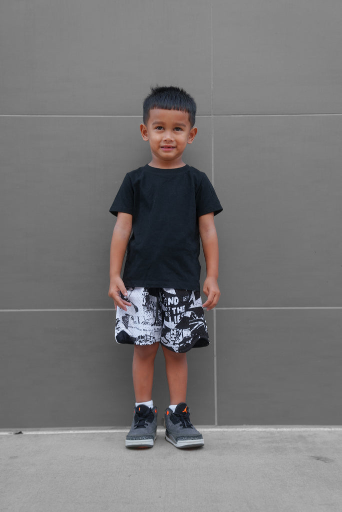 BLACK & WHITE COLLAGE KEIKI MESH SHORTS Shirts Hawaii's Finest 