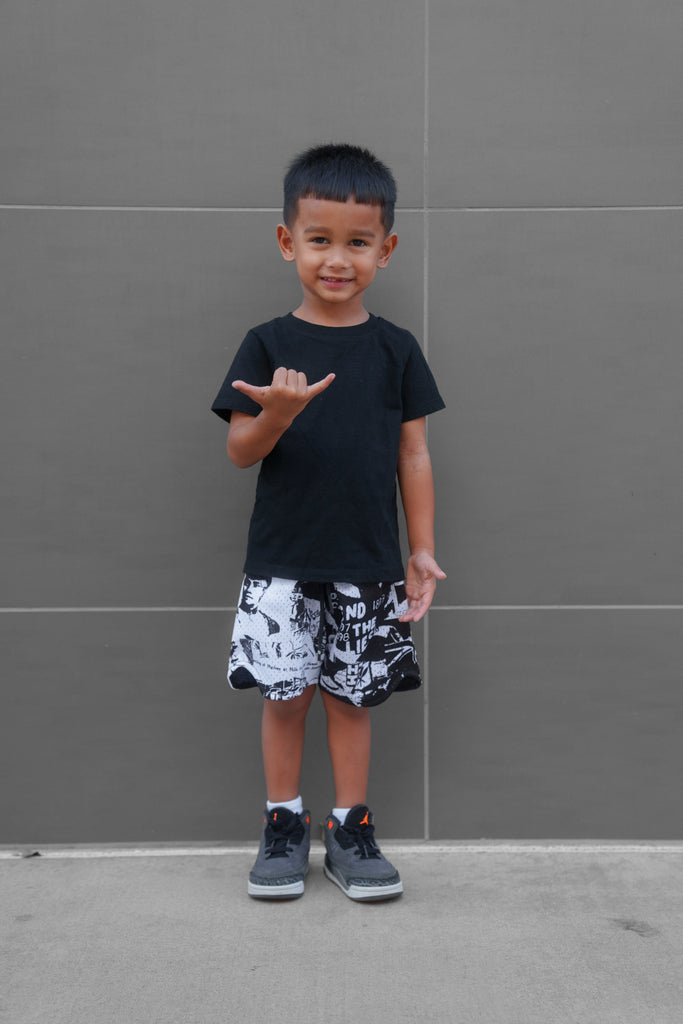 BLACK & WHITE COLLAGE KEIKI MESH SHORTS Shirts Hawaii's Finest XX-SMALL 