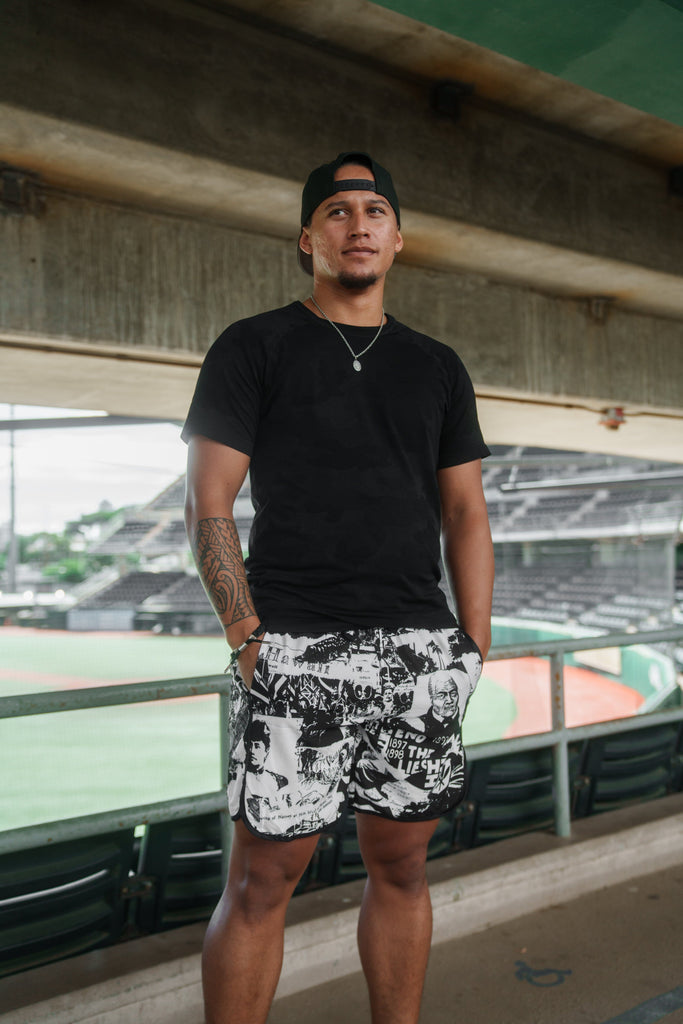 BLACK & WHITE COLLAGE PERFORMANCE SHORTS Shorts Hawaii's Finest 