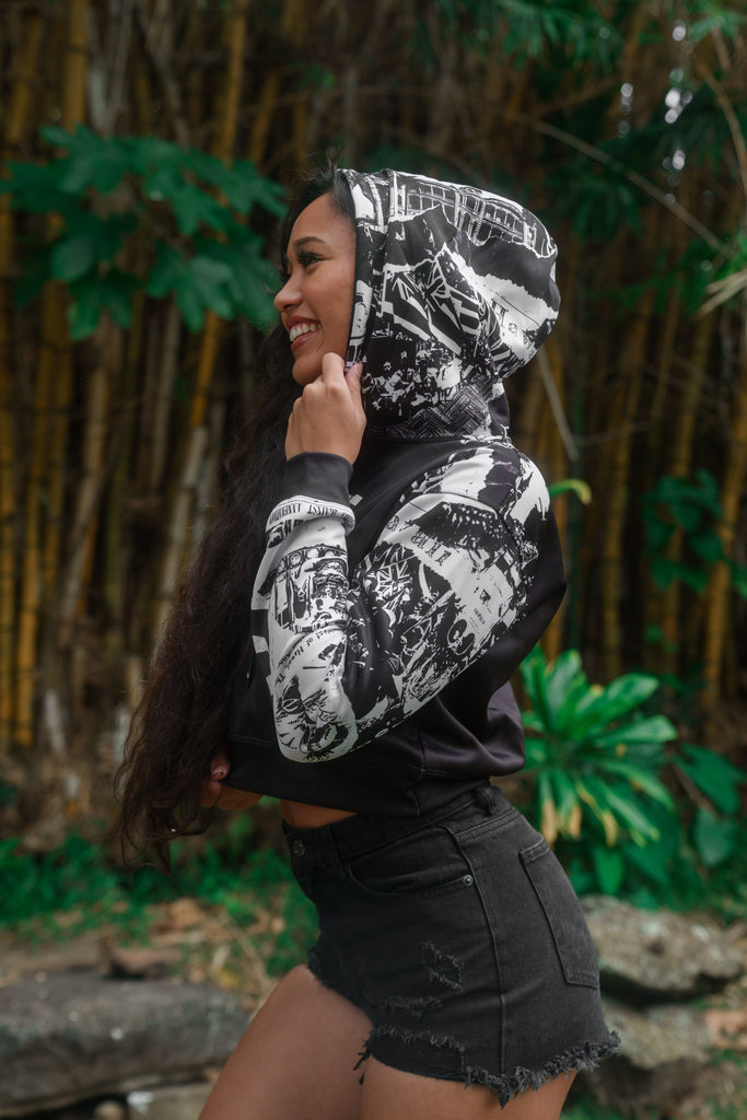 BLACK & WHITE COLLAGE WOMEN'S CROP HOODIE Jacket Hawaii's Finest 