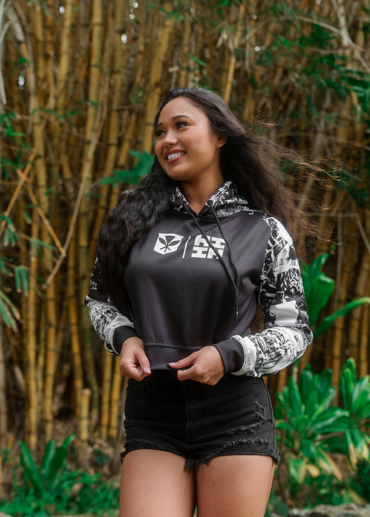 BLACK & WHITE COLLAGE WOMEN'S CROP HOODIE Jacket Hawaii's Finest X-SMALL 