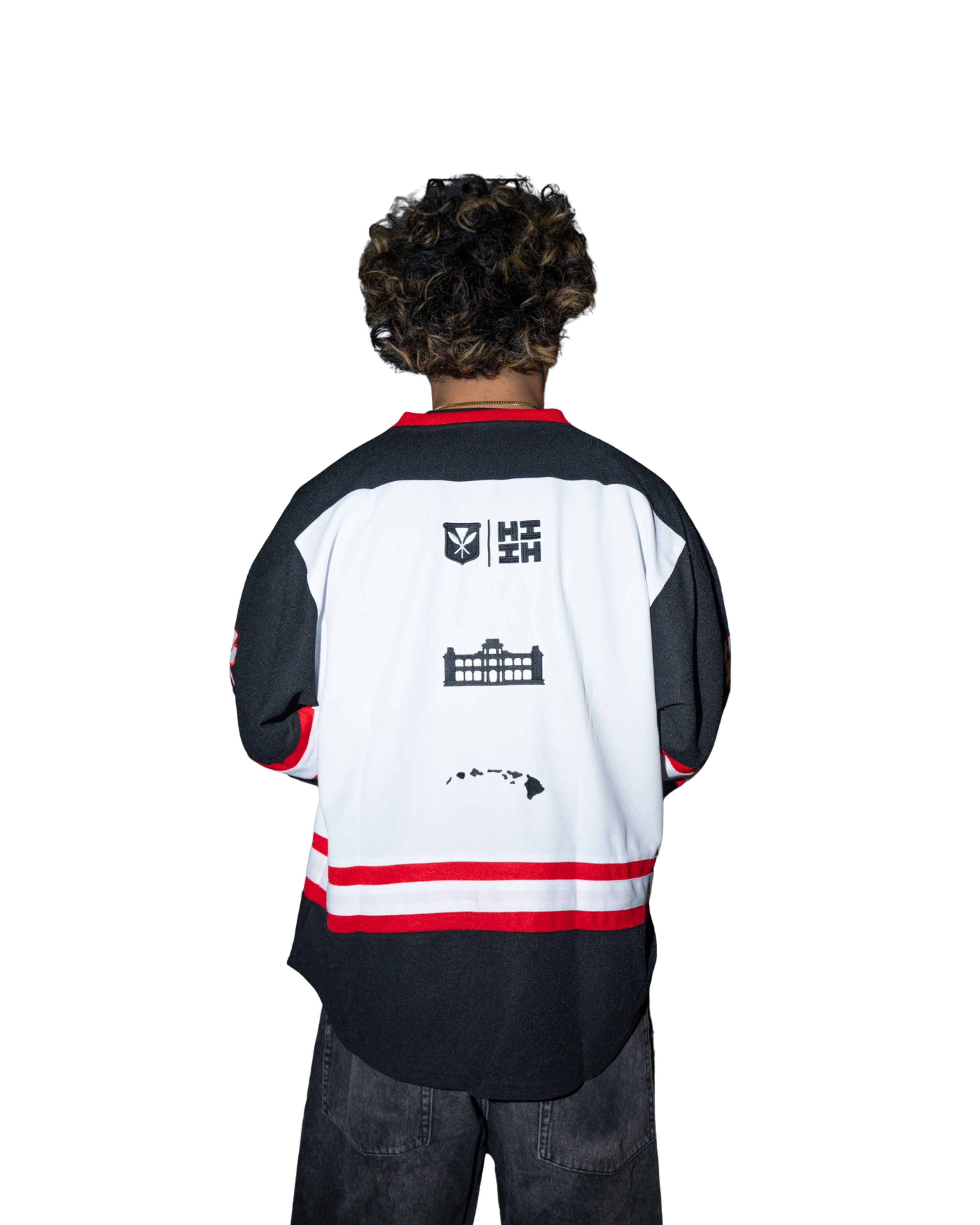 BLACK, WHITE, & RED SCRIPT HOCKEY JERSEY Jersey Hawaii's Finest 