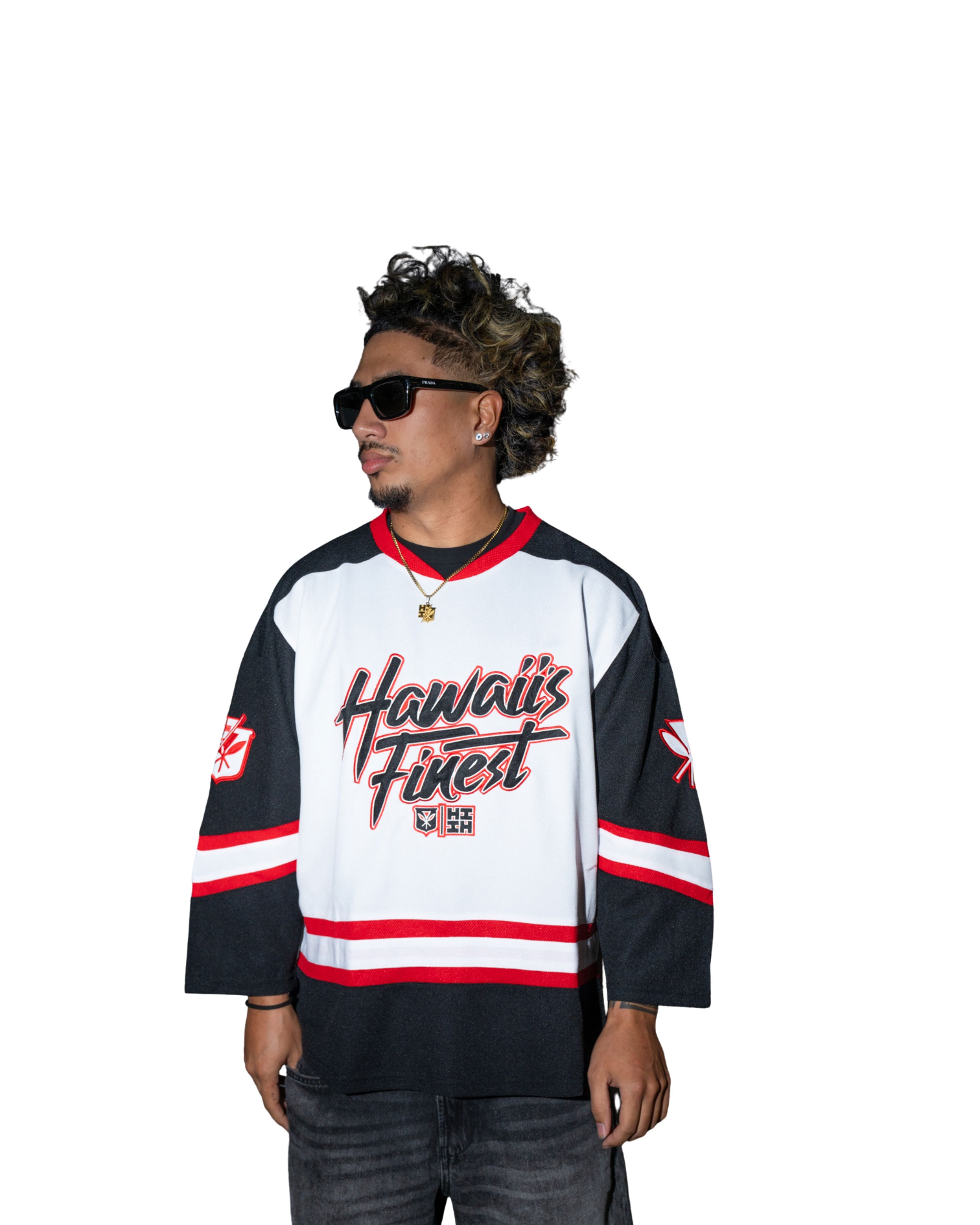 BLACK, WHITE, & RED SCRIPT HOCKEY JERSEY Jersey Hawaii's Finest X-SMALL 